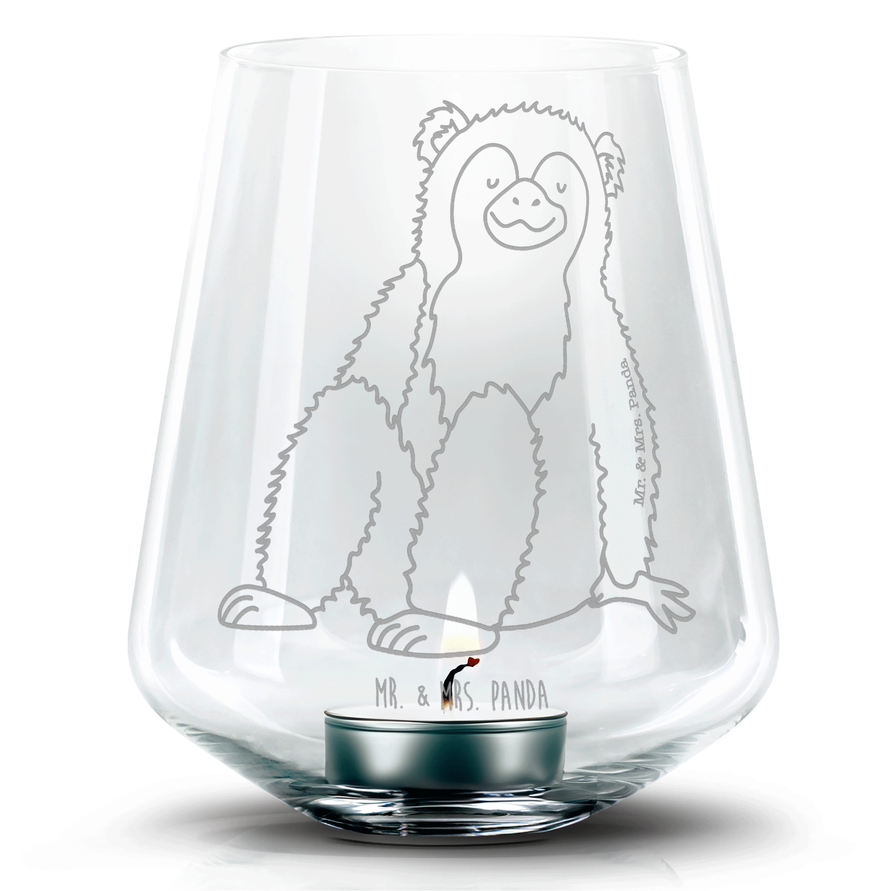 Mr. & Mrs. Panda Windlicht Affe - Transparent - Geschenk, Teelichtglas, Selbstbewusstsein, Respe (1 St), Individuelle Gravur