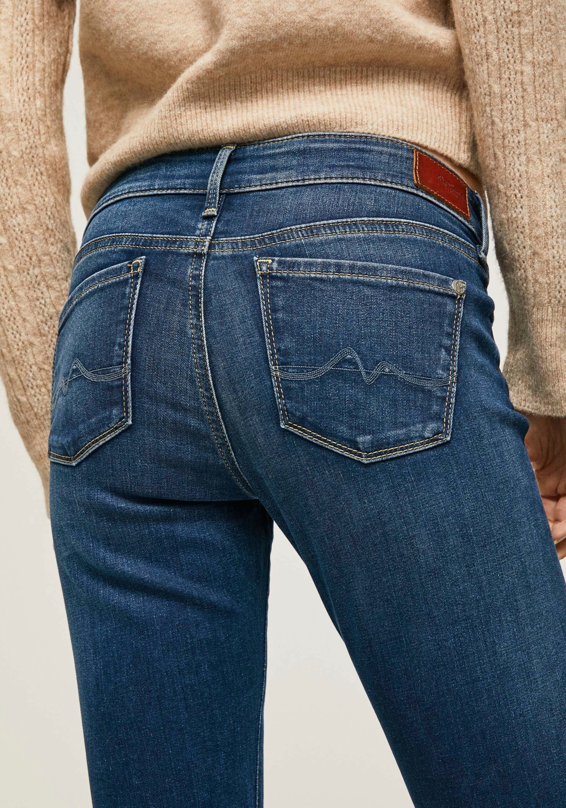 Pepe Jeans Skinny-fit-Jeans SOHO worn 1-Knopf mit Stretch-Anteil und used Bund im 5-Pocket-Stil dark