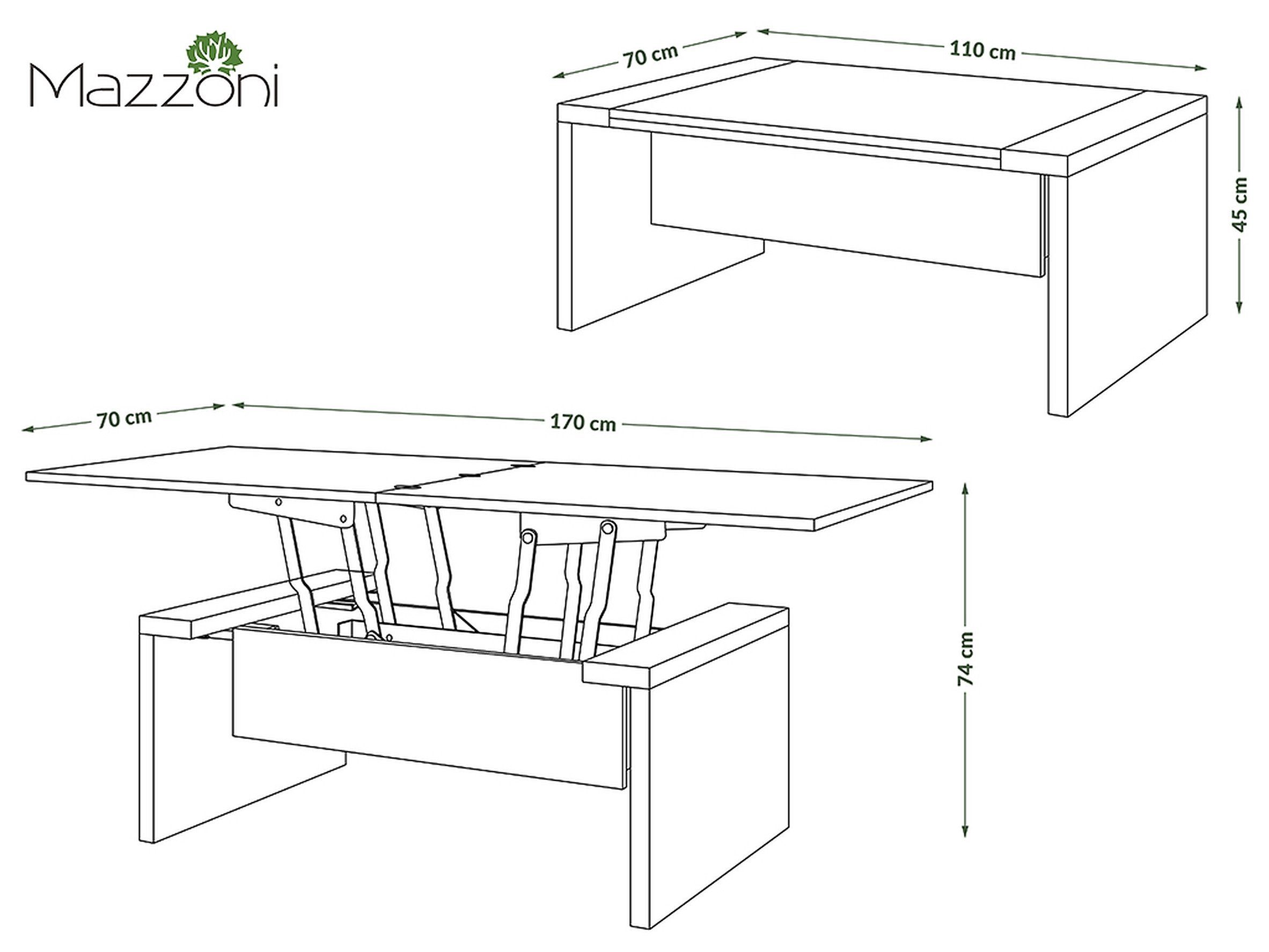 Couchtisch Schwarz matt 110/170cm matt 45/70cm designimpex Weiß höhenverstellbar Weiß-Schwarz matt aufklappbar Space /