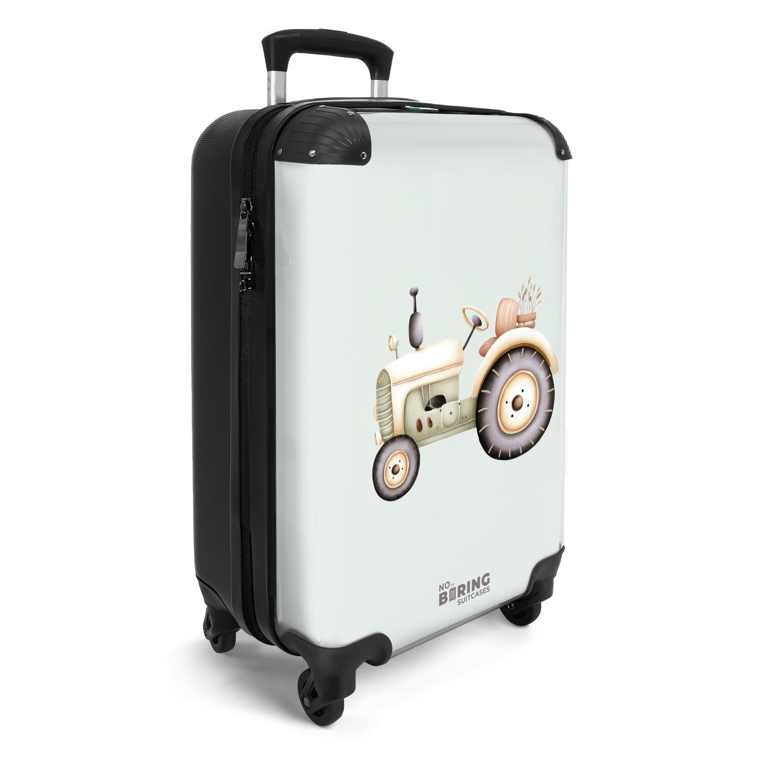 NoBoringSuitcases.com© Kinderkoffer Beigefarbener Oldtimer-Traktor in Pastellgrün 55x35x20cm, 4 Rollen, Handgepäck Koffer, Hartschalenkoffer Kinder, Reisekoffer Jungen