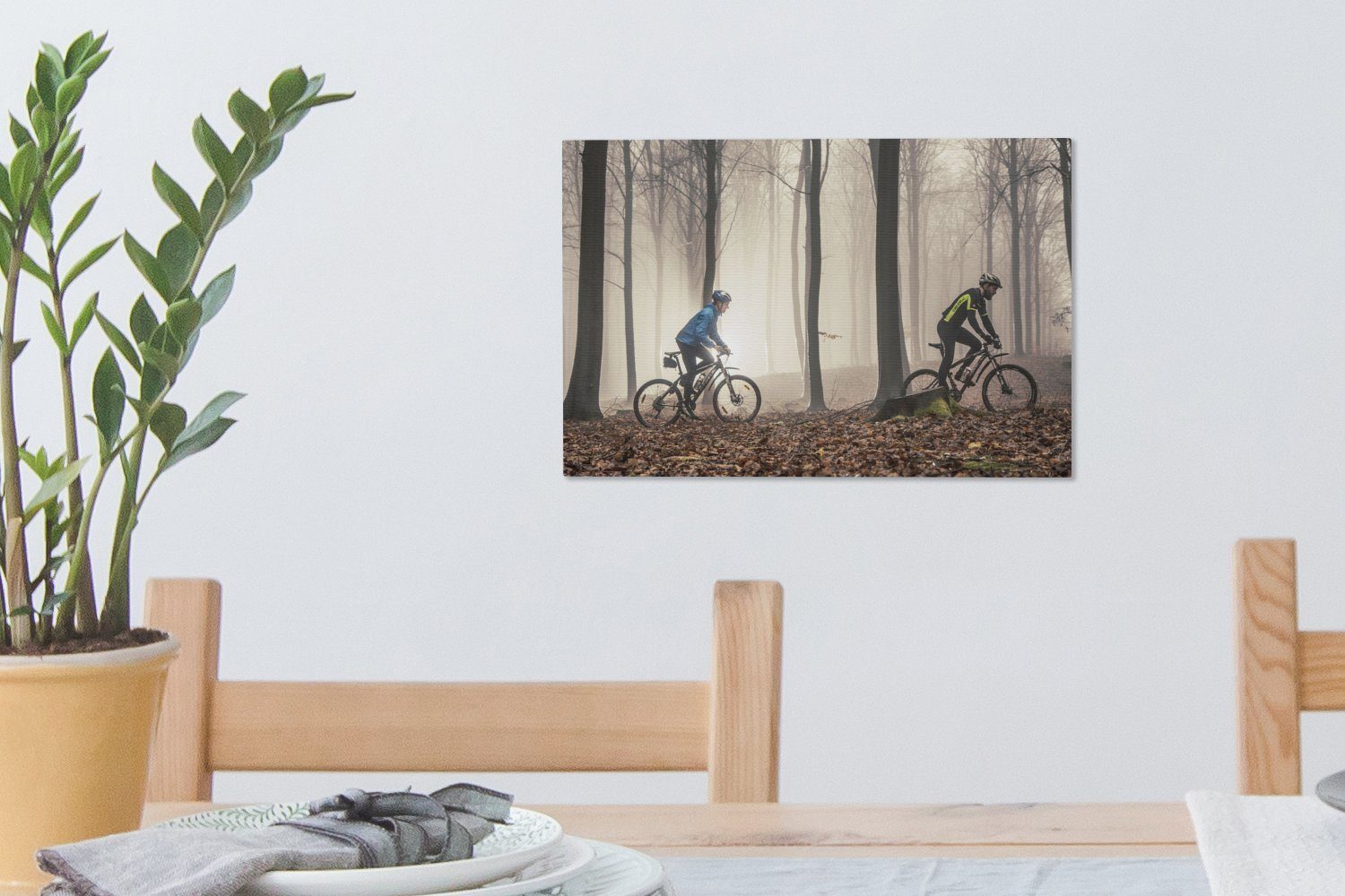 OneMillionCanvasses® Leinwandbild Mit dem Mountainbike Waldweg, über Aufhängefertig, Wanddeko, (1 St), Wandbild einen cm 30x20 Leinwandbilder