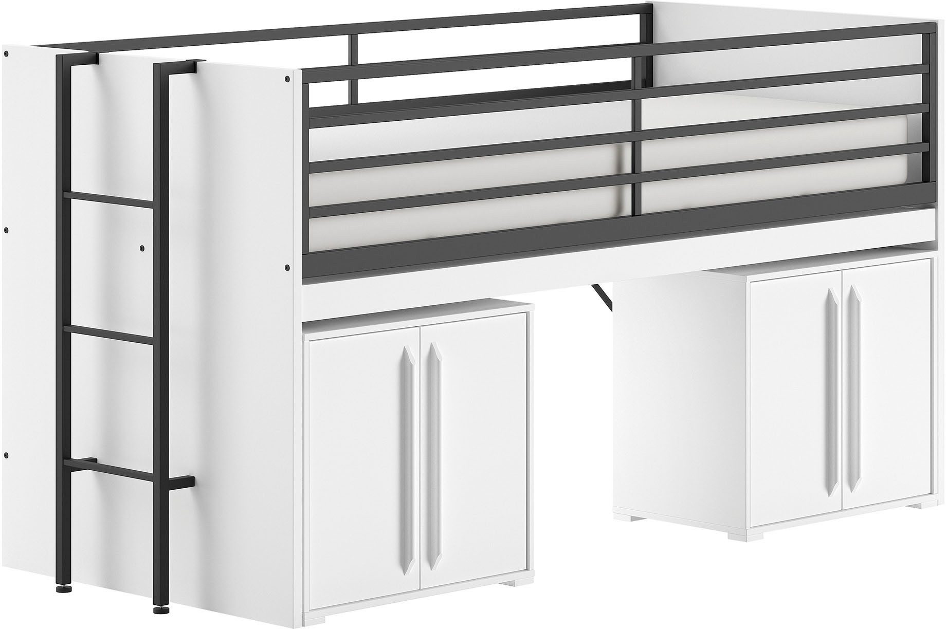 Vipack Stauraumbett Sam, schlafen und arbeiten in einem, wahlweise Eiche- oder Weiß-Dekor (Liegefläche 90x200 cm, darunter eine große ausziehbare Schreibplatte), mit Absturzschutz, Leiter u. Stauraum, pflegeleichte Dekor Oberfläche