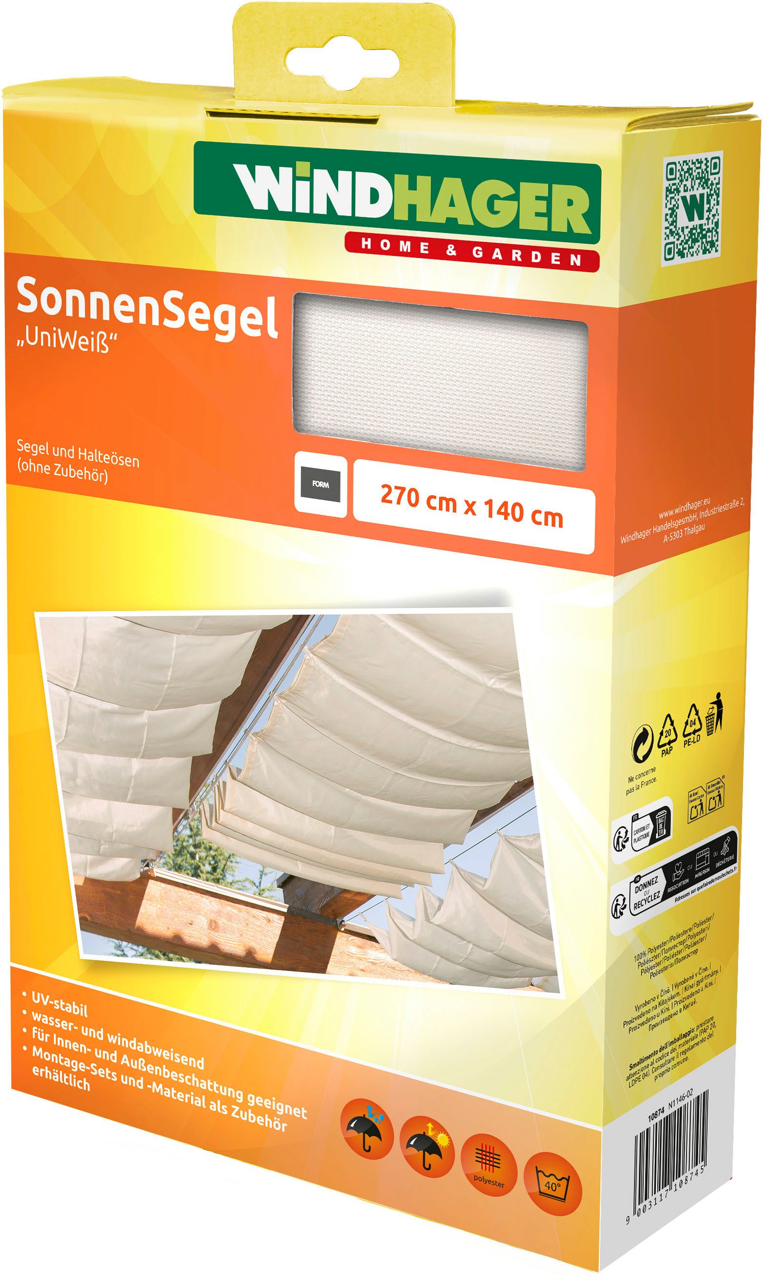 Windhager Sonnensegel für Seilspanntechnik zur Beschattung von Wintergarten und Terrasse, (1-tlg), Sonnenschutz, 270 x 140 cm, uni-weiß, wasserabweisend
