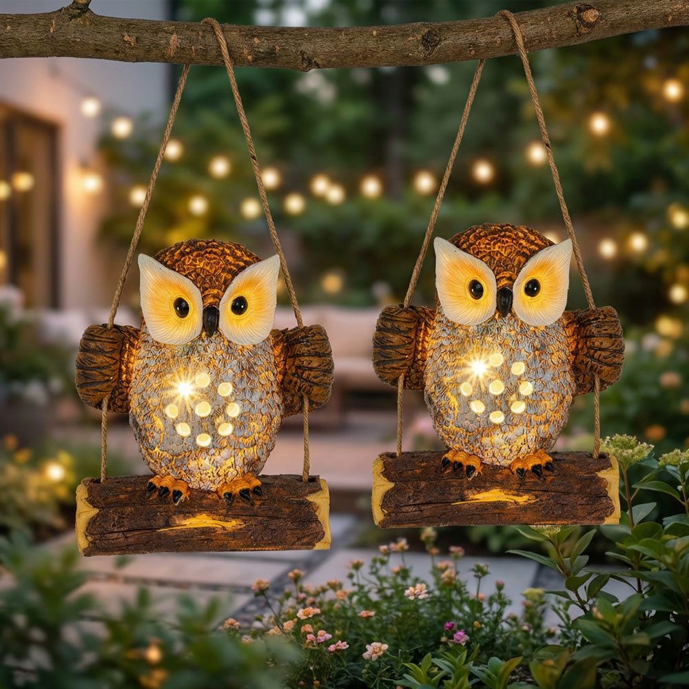 Haushalt International LED Dekofigur, LED-Leuchtmittel fest verbaut, Warmweiß, 2x Solarleuchte Hängelampe LED Figur Eule Garten Außen