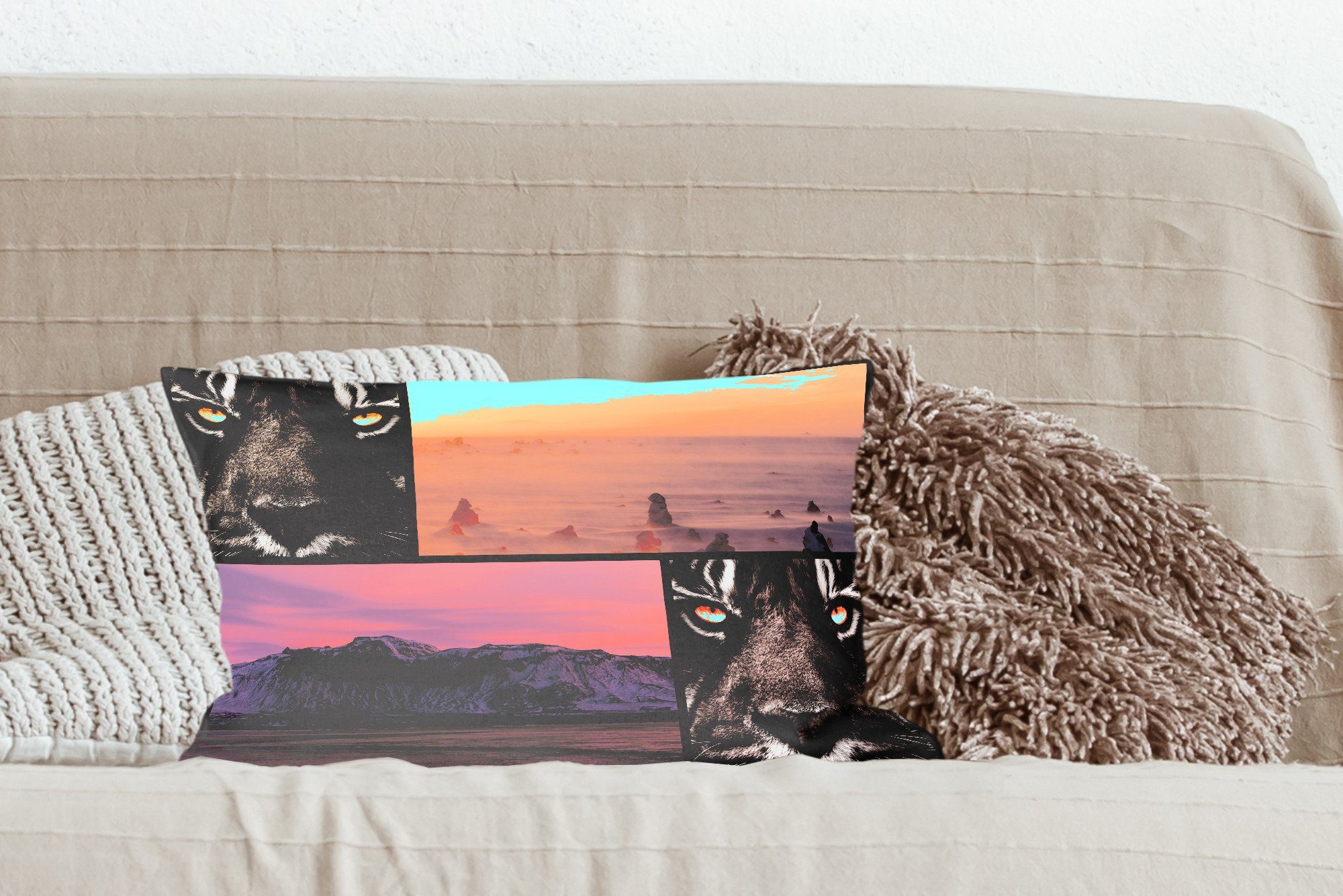MuchoWow Dekokissen Tiger - Dekokissen - Sonnenuntergang, mit Dekoration, Schlafzimmer - Wohzimmer Füllung, Zierkissen, Natur Collage