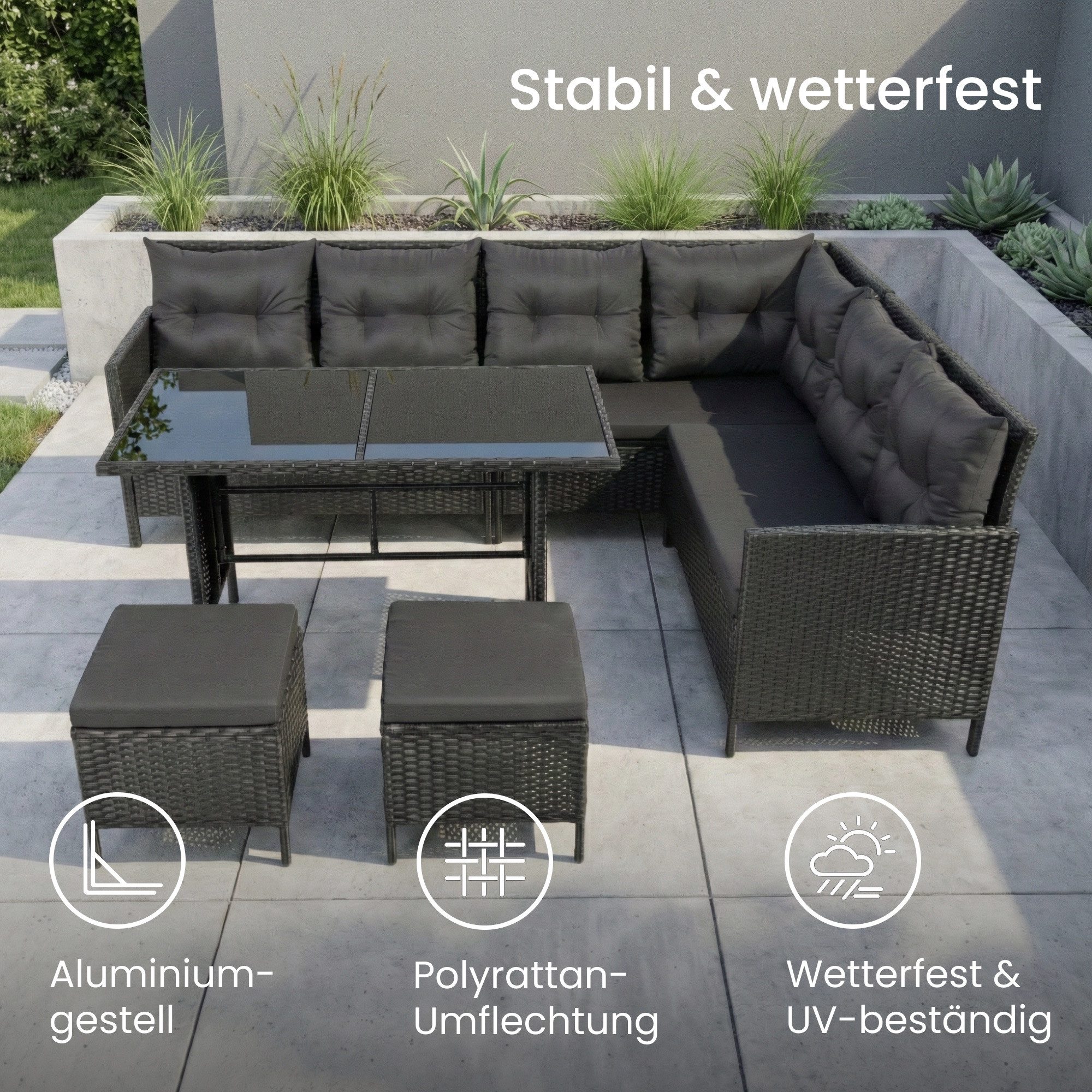 Home Collective Gartenlounge-Set 7-Sitzer mit Ecksofa Outdoor Möbel Gartenmöbel Polyrattan Outdoormöbel, (220x170x79 cm (BxTxH), gemütliche Polster in schwarz oder beige), inkl. Esstisch mit gehärteter Glasplatte und zwei Hocker, schwarz