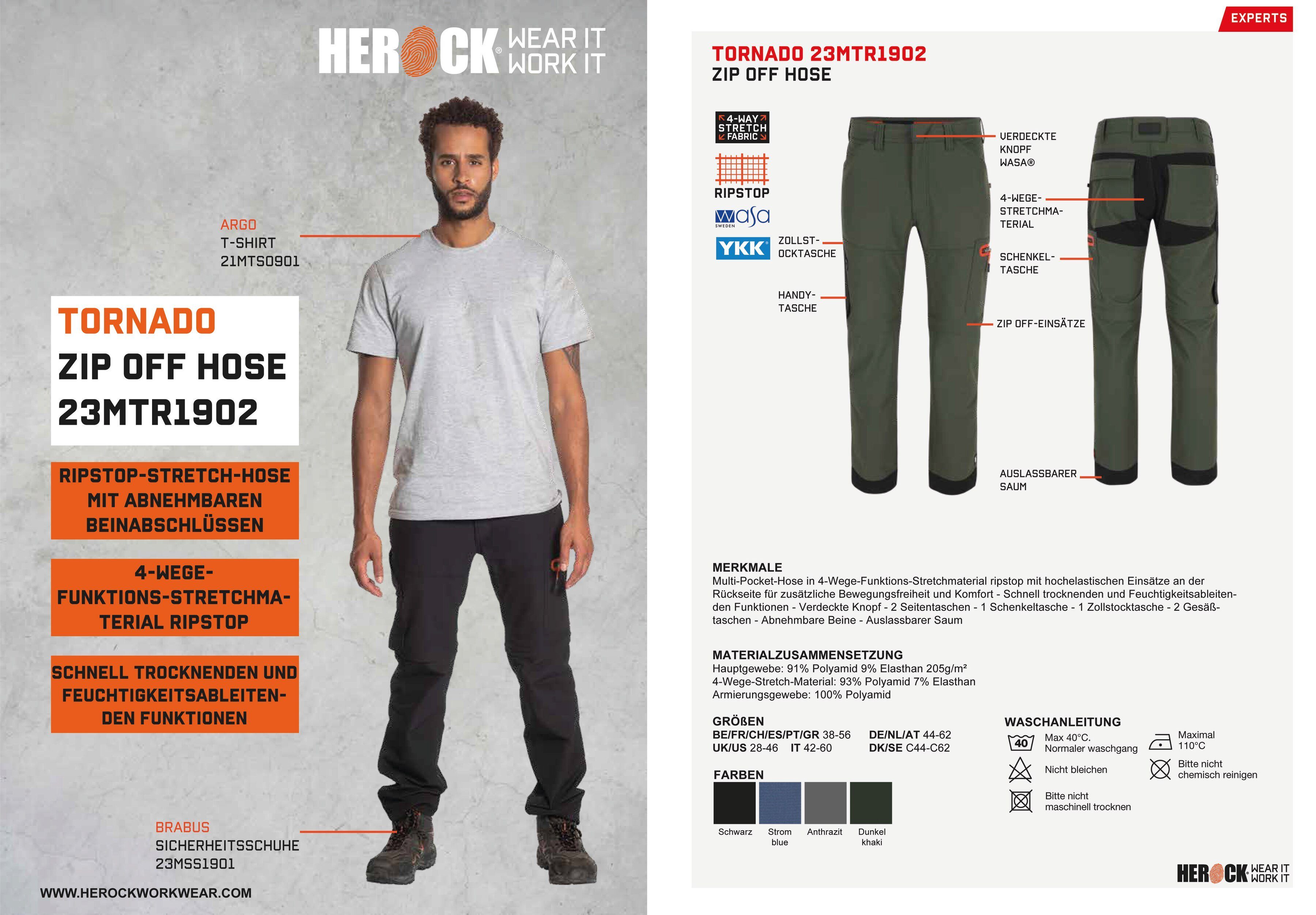 Herock Multi-Pocket Bermuda khaki Tornado in und dunkel 4-Wege-Funktions-Stretch, Zip einem Hose Off in Arbeitshose