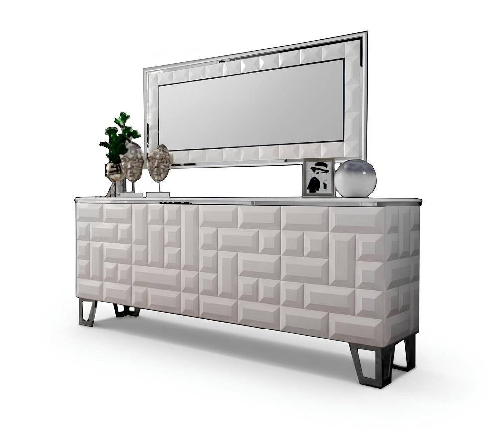 Xlmoebel Anrichte Moderne Beige Kommode Spiegel Holz Metall Wohnzimmer Design Möbel (Kommode mit Spiegel, 1 St., 1-tlg)