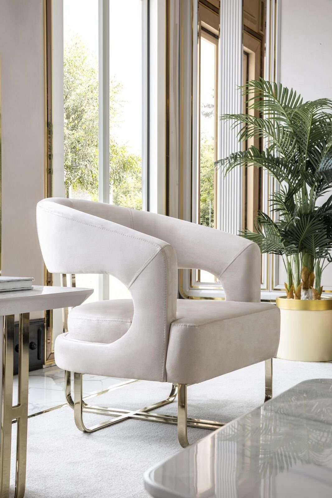 Beige Set Sessel Wohnzimmer JVmoebel Wohnzimmer-Set Beistelltisch Möbel Weiß 2x Elegantes