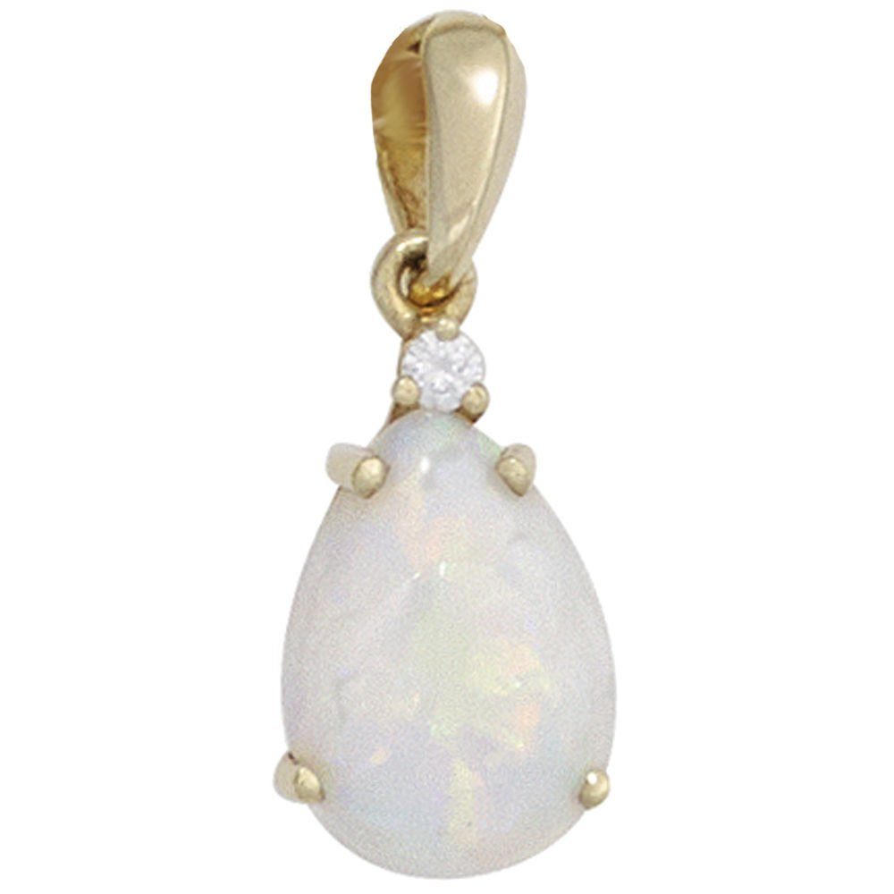 Schmuck Krone Kettenanhänger Anhänger mit Opal Tropfen & Brillant, 585 Gelbgold, Gold 585