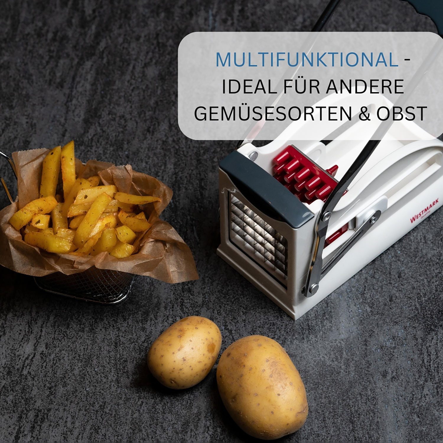 WESTMARK Pommesschneider und Gemüse-/Obststiftler mit drei Edelstahl-Schneideinsätzen und Stemp, rutschfester Saugfuß, auch für Obst und Gemüse geeignet