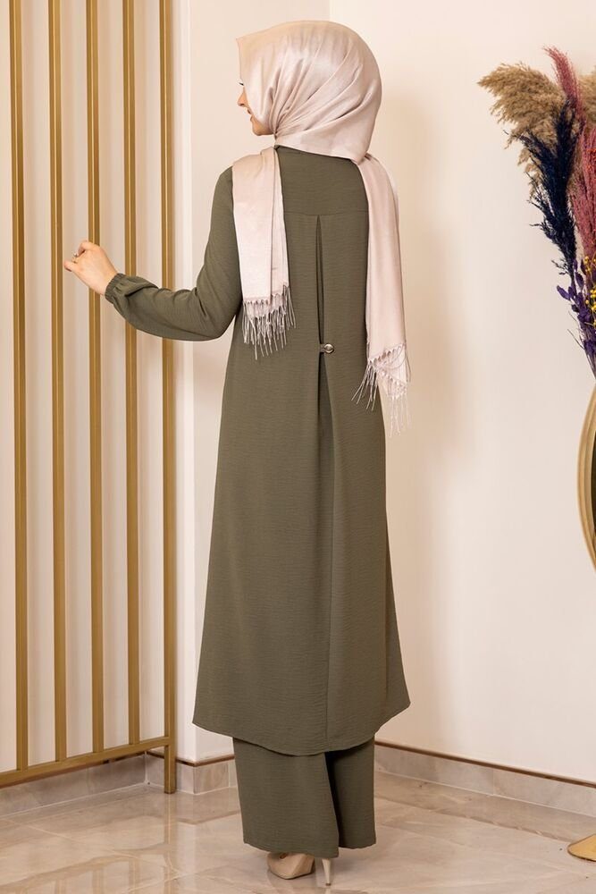 Modavitrini Longtunika Damen Anzug Zweiteiler mit Khaki Hose Tunika Aerobin Hijab Kleidung Stoff Knöpfe, Lange