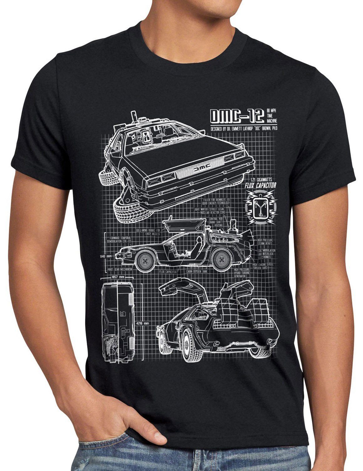 style3 Print-Shirt Herren T-Shirt Delorean DMC-12 zurück zukunft in die to the future back bluray schwarz