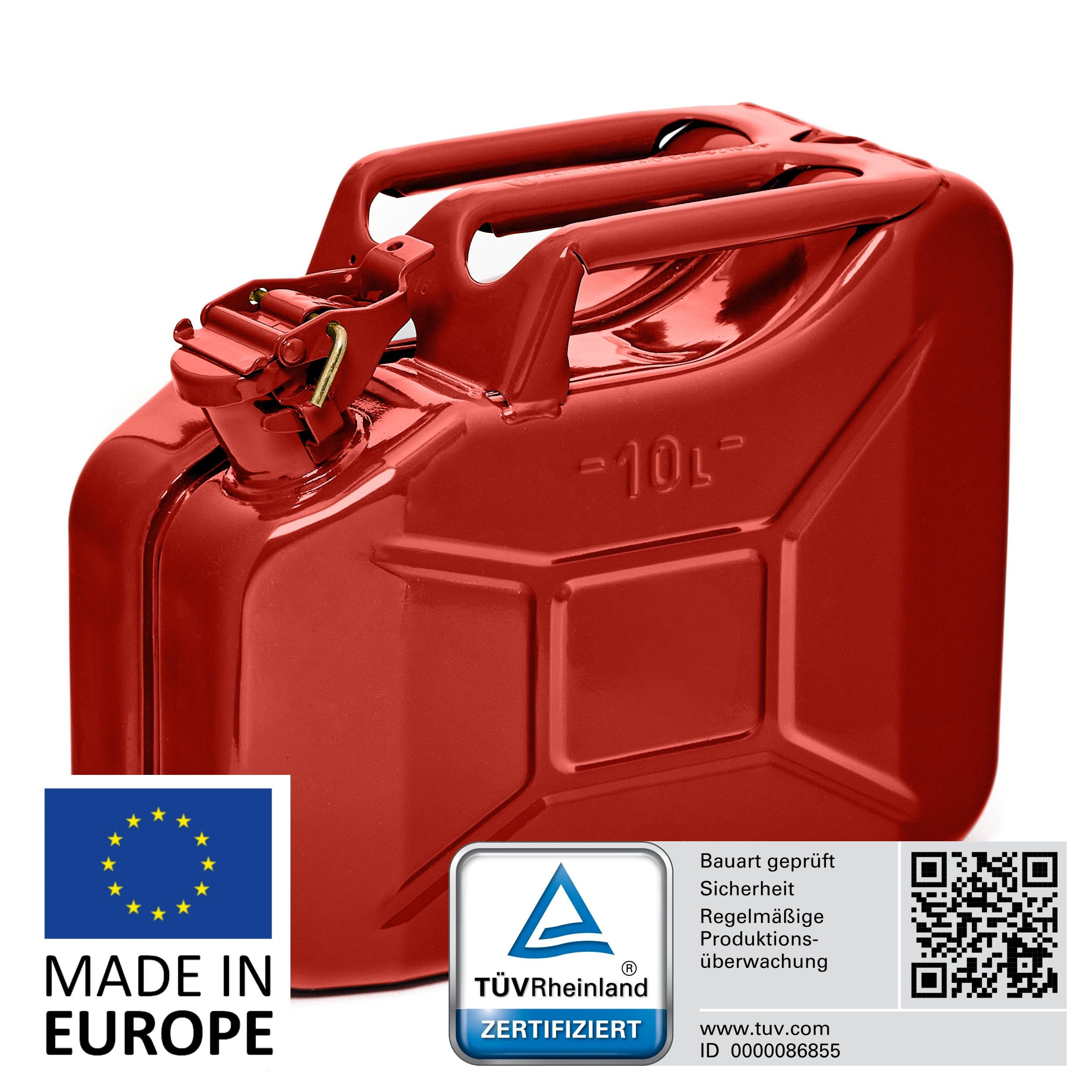 BW Benzinkanister Metall Kraftstoffkanister 10 Liter - Rot - RAL 3000 (nach NATO Standard, Made in Europe), TÜV-geprüft und UN-Zulassung