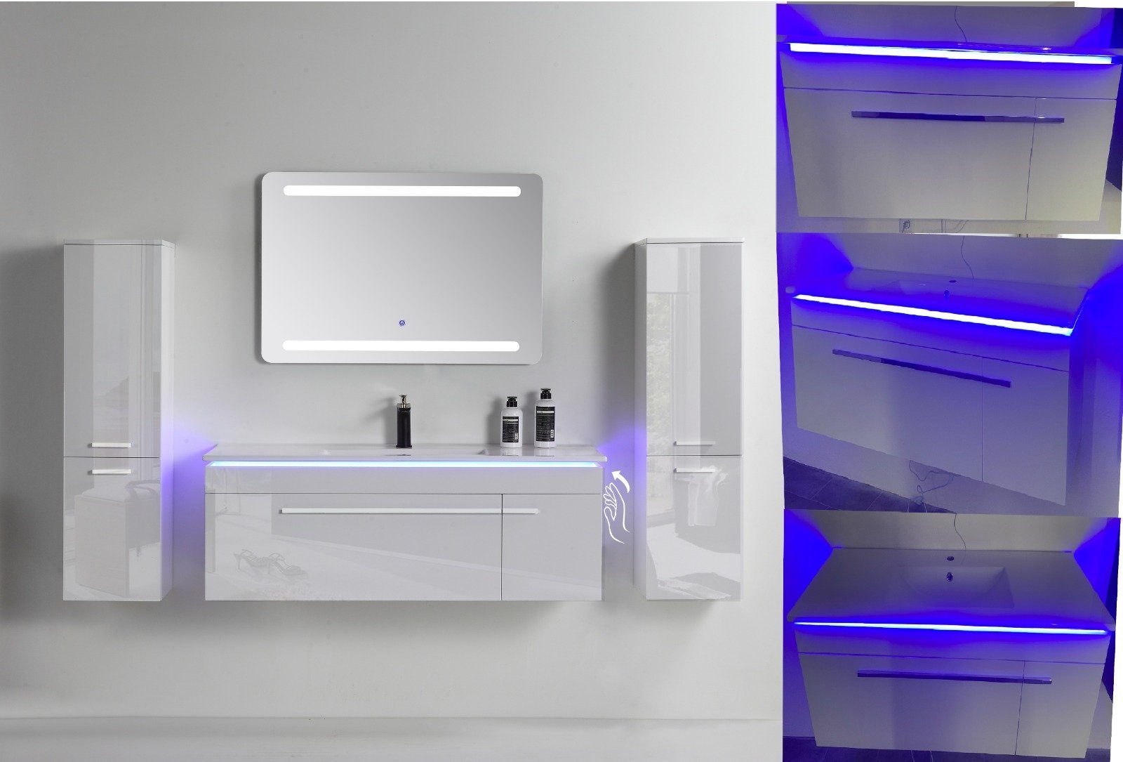Faizee Меблі Badmöbel-Set Badmöbel set, Weiß komplett 5TLG 90/120 cm, (Komplett-Set, 5-St), LED-Spiegel mit Touch Badmöbel-Set VORMONTIERT Hochglanz lackiert