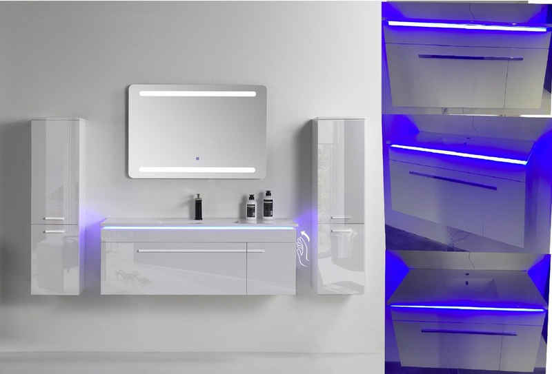Faizee Möbel Badmöbel-Set Badmöbel set, Weiß komplett 5TLG 90 cm, (Komplett-Set, 5-St), LED-Spiegel mit Touch Badmöbel-Set VORMONTIERT Hochglanz lackiert