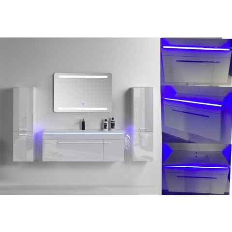 Faizee Möbel Badmöbel-Set Badmöbel set, Weiß komplett 5TLG 90/120 cm, (Komplett-Set, 5-St), LED-Spiegel mit Touch Badmöbel-Set VORMONTIERT Hochglanz lackiert