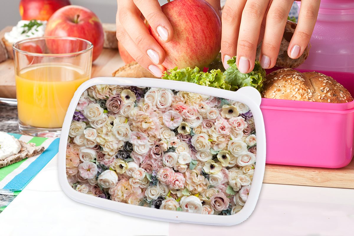 Brotdose MuchoWow - Rosen Snackbox, Kunststoff, - Blumen Erwachsene, (2-tlg), für Kinder, Kunststoff Mädchen, Pastell, rosa Brotbox Lunchbox