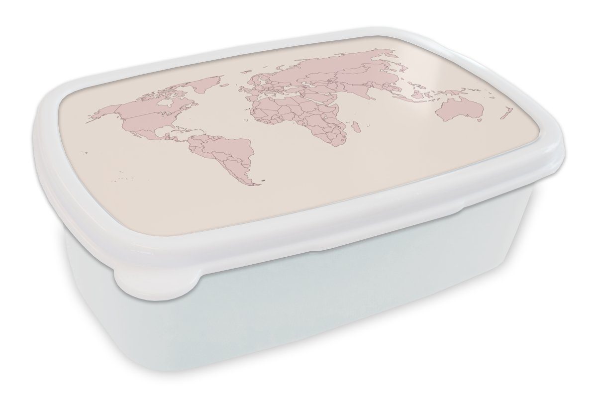 MuchoWow Lunchbox Weltkarte - Einfach - Rosa, Kunststoff, (2-tlg), Brotbox für Kinder und Erwachsene, Brotdose, für Jungs und Mädchen weiß
