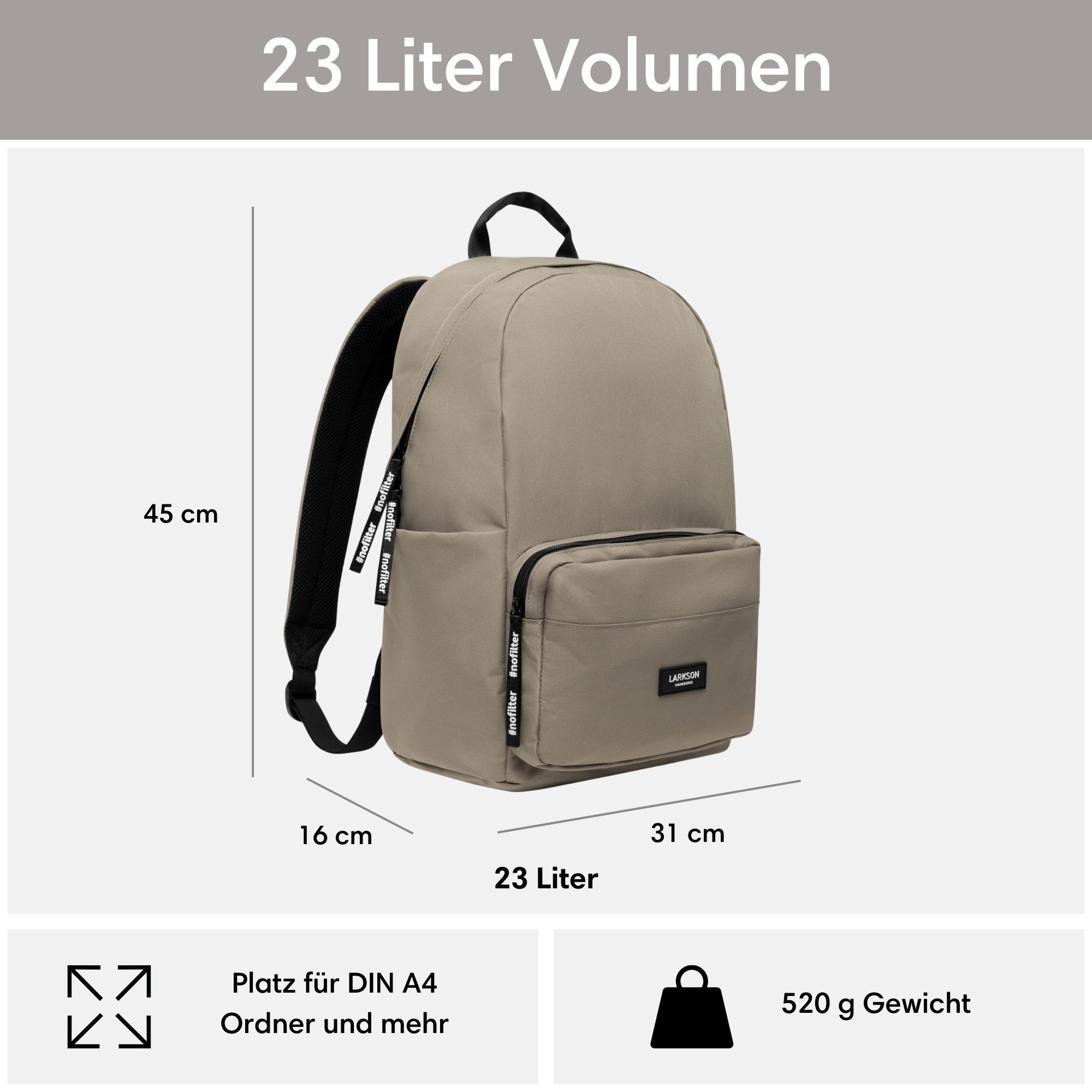 LARKSON Schulrucksack No 3 Rucksack Schule Mädchen Jungen Teenager (1-tlg), Seitentasche, Laptopfach, Wasserabweisend