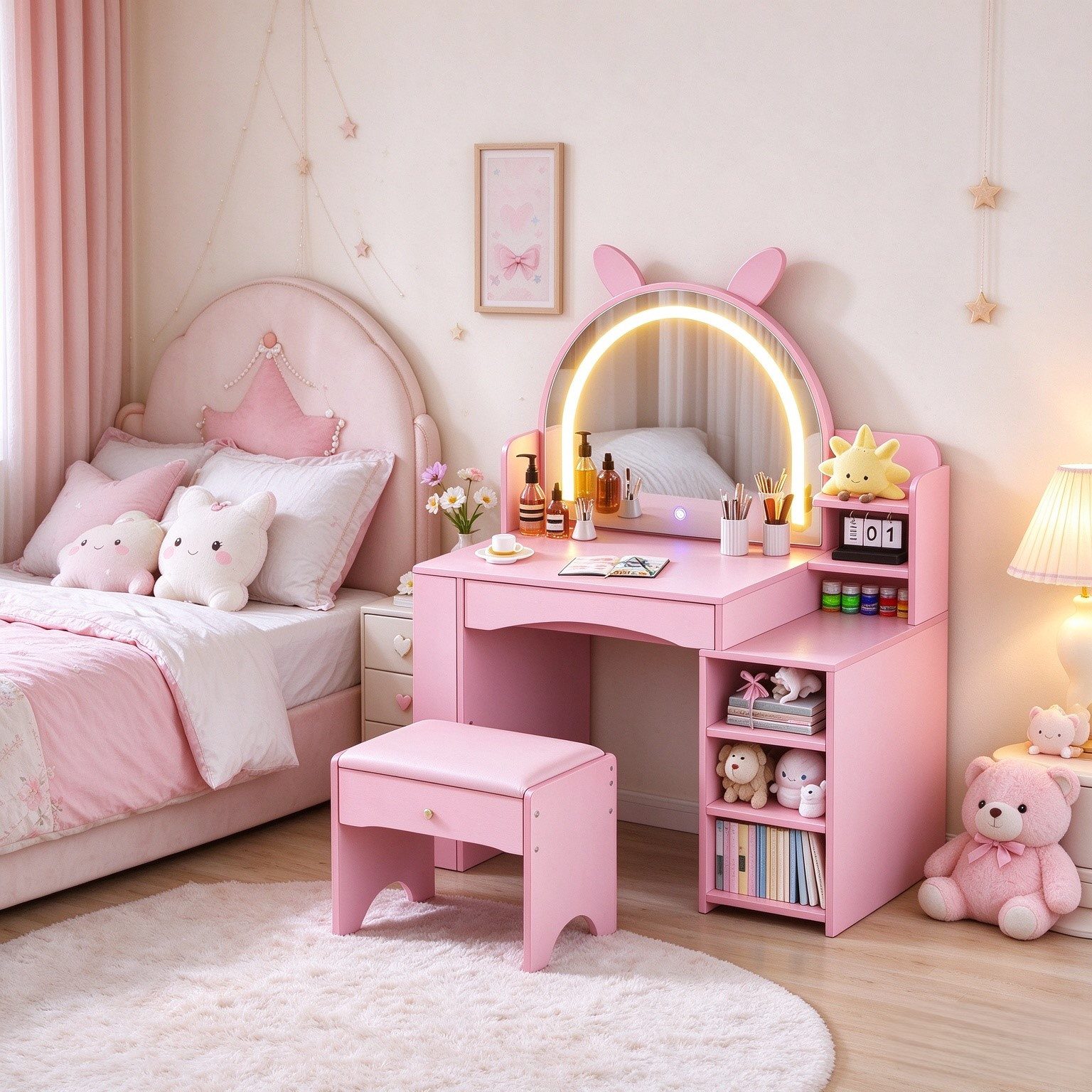 PEALOV Schminktisch Kinder-Schminktisch 3-in-1 mit LED-Spiegel und Hocker, 79,9×40×102 cm, Rosa Schmink-, Schreib- und Spieltisch mit Stauraum
