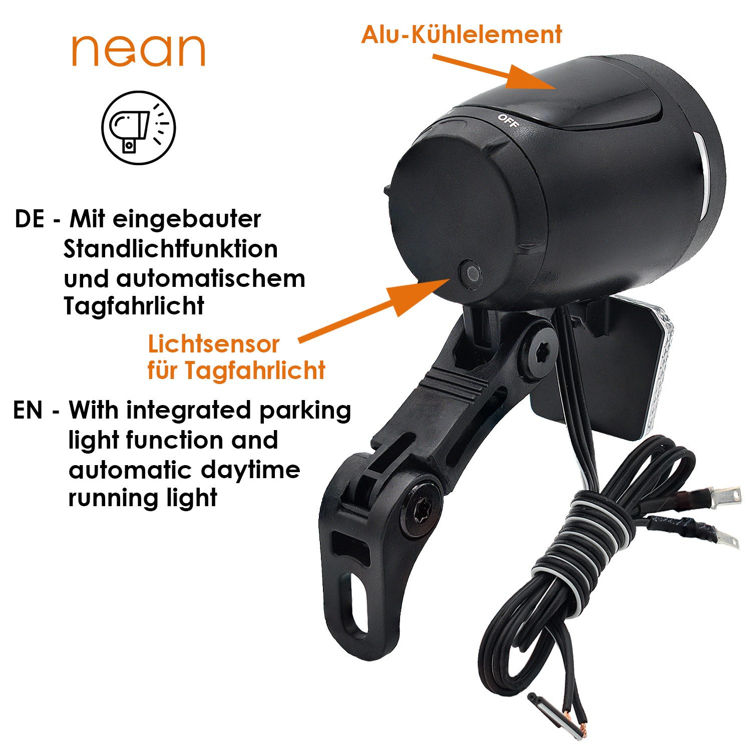 nean Fahrrad-Frontlicht Dynamo, mit Standlicht, Reflektor und Tagfahrlicht, Rücklichtanschluss, 90 LUX