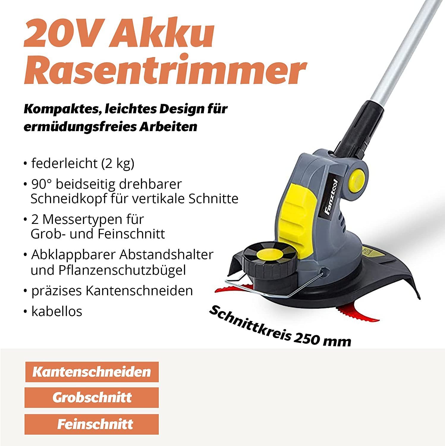 Fanztool Akku-Rasentrimmer 20V, inkl. 2Ah Akku & Ladegerät. Ideal für Feinschnitt und Grobschnitt