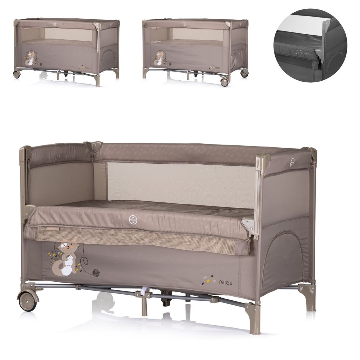 Chipolino Baby-Reisebett Reisebett Relax 2 Ebenen, Vorderseite absenkbar, Seiteneingang, Tasche