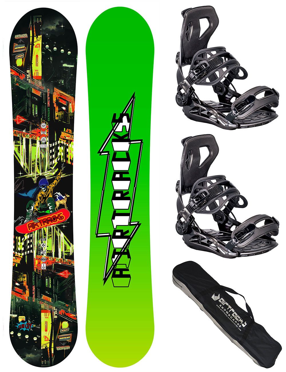Airtracks Snowboard Set Fun City Rocker Rocker Carbon » Mod. 26 (Snowboardset Fun City Rocker+Master Pro ME+Bag, 3 St., 3er Pack), Board + Bindung Master + Bag / 150 155 160 cm