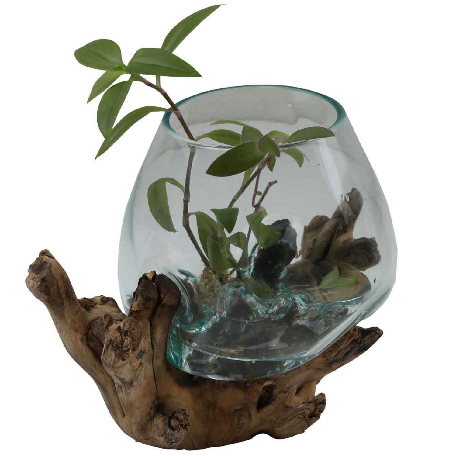 Dekovase Glasvase auf Wurzelholz aus Recycling Glas Ø 18cm & Wurzelholz