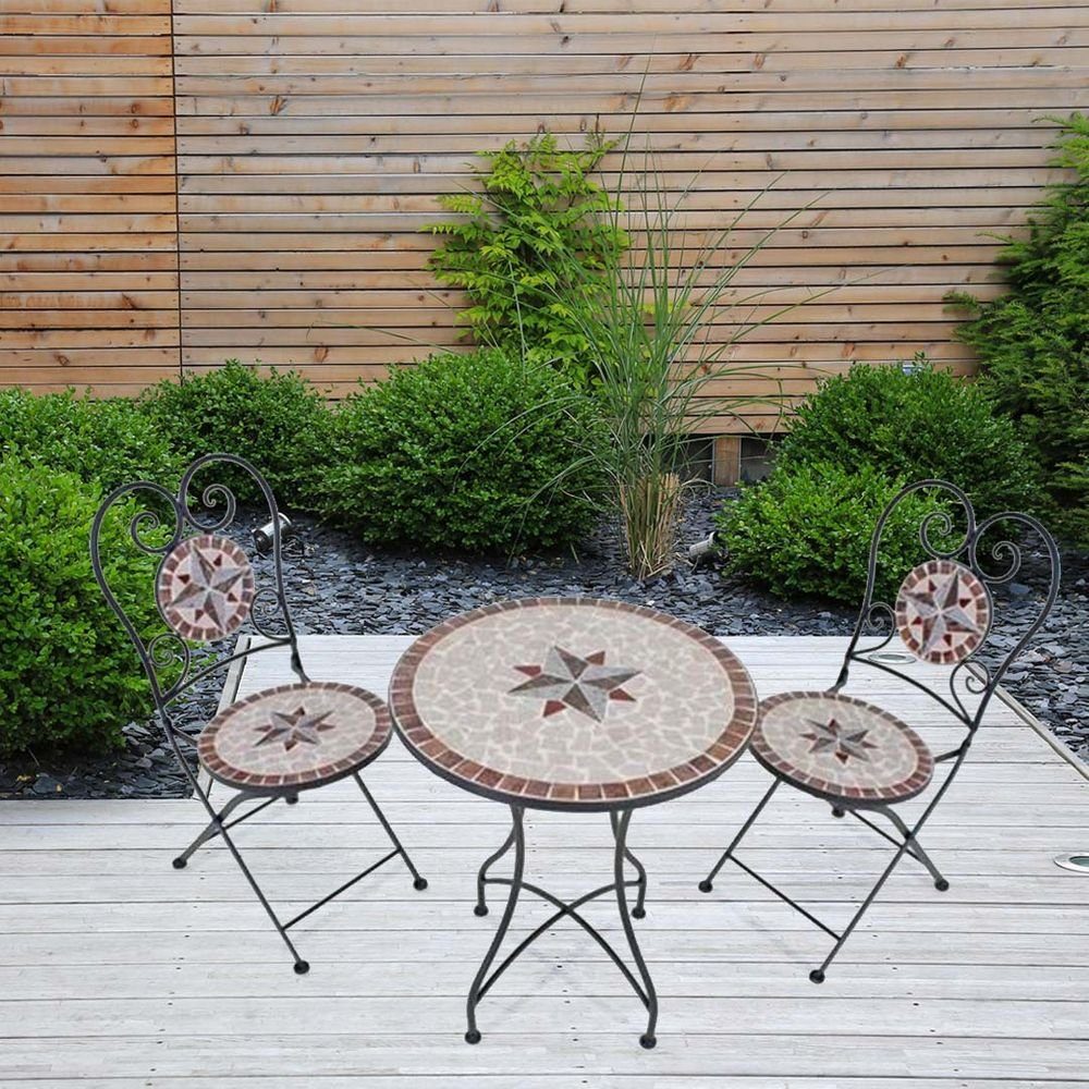 etc-shop Stuhl, Mosaik Gartentisch Set 3 teilig Balkonmöbel Mosaiktisch mit 2 Stühlen