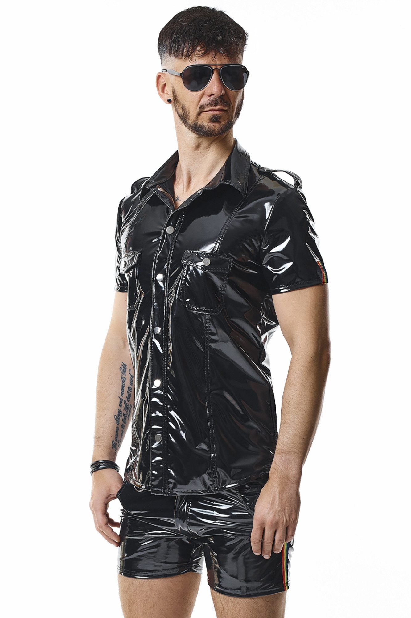 Regnes Fetish Planet T-Shirt Herren T-Shirt schwarz glänzend elastisch mit Stehkragen Taschen