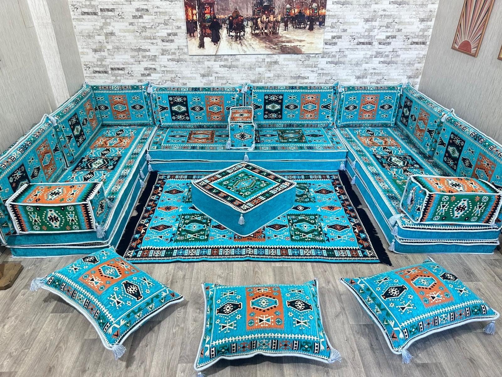 CaddeBuy Sofa Majlis, Orientalisches Sofa, Sitzkissen, Türkis-Milas-U-20, 22 Teile