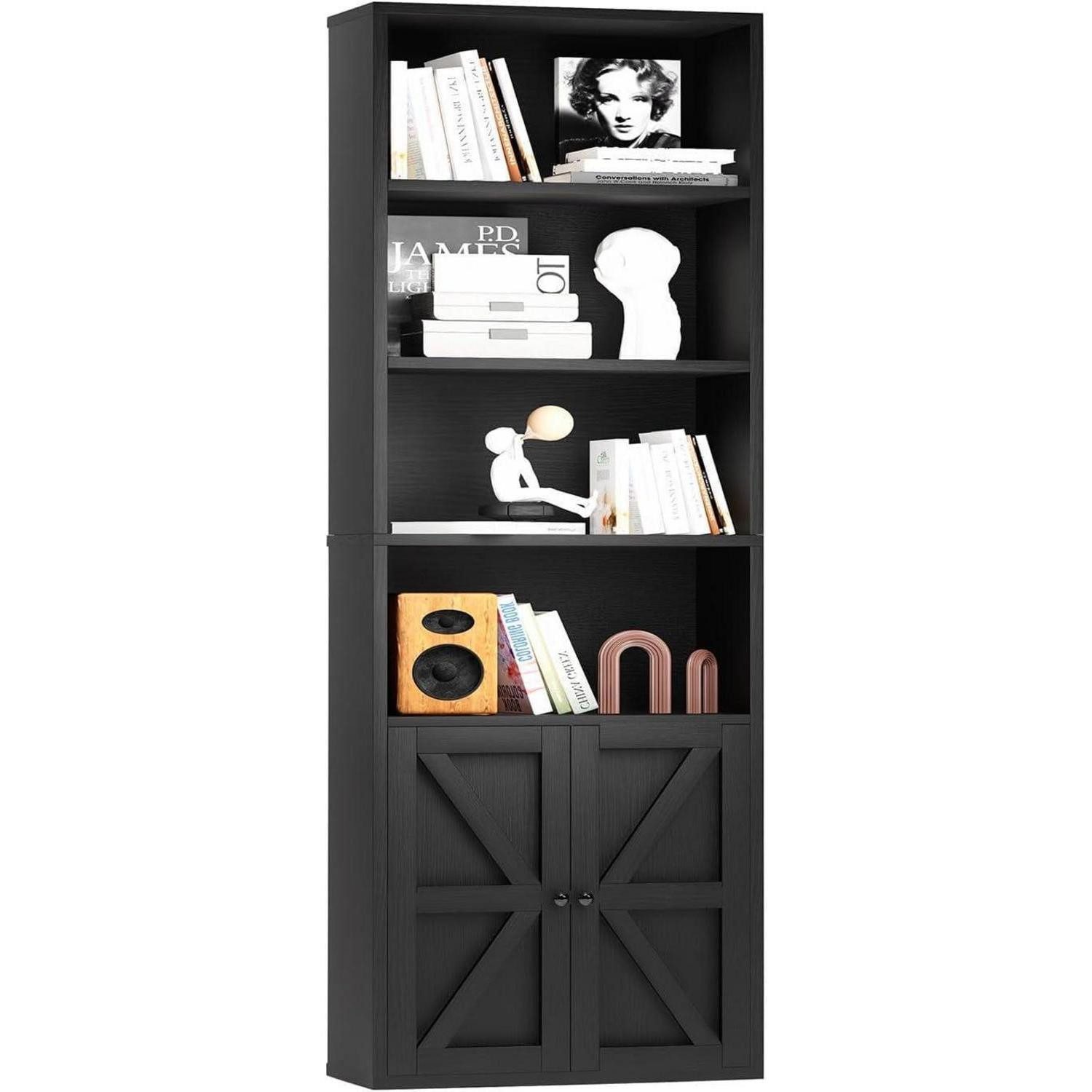 LuxusKollektion Bücherregal Bücherregal Holz 2 Türen Schwarz 6 Ebenen