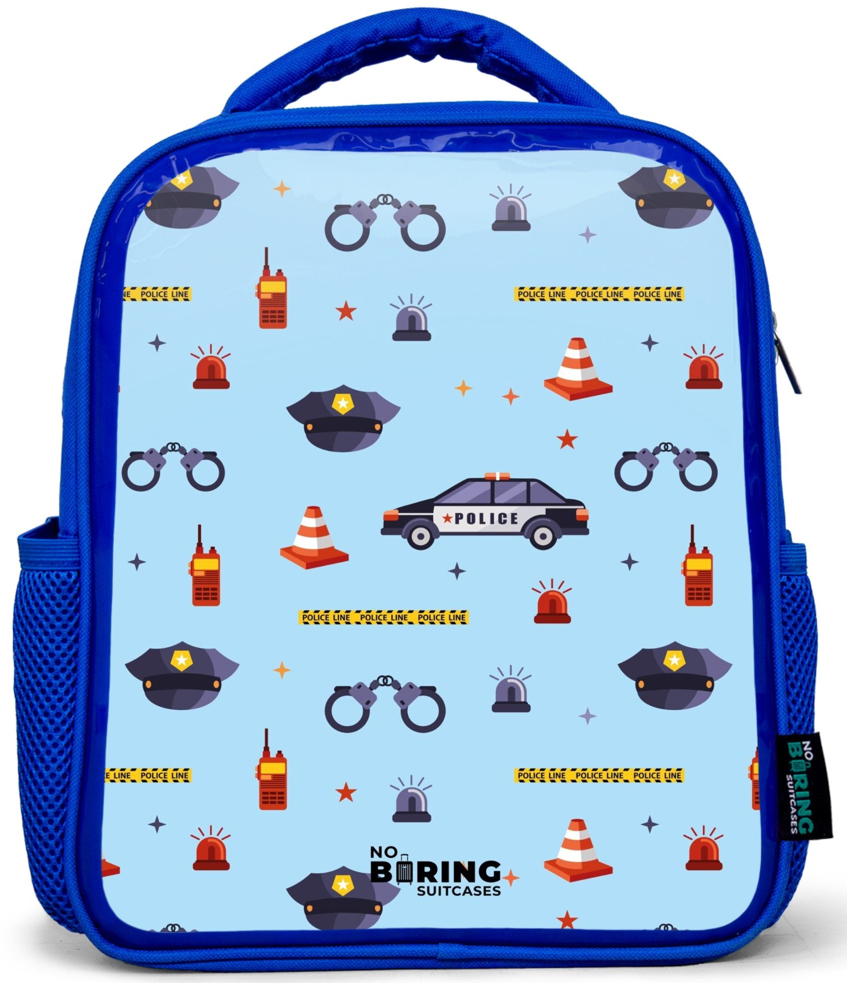 NoBoringSuitcases.com© Rucksack Blau - Polizei- und Sicherheitsmuster auf hellblau, Kinderrucksack, Schulrucksack, Freizeitrucksack, Jungen, Kindergarten