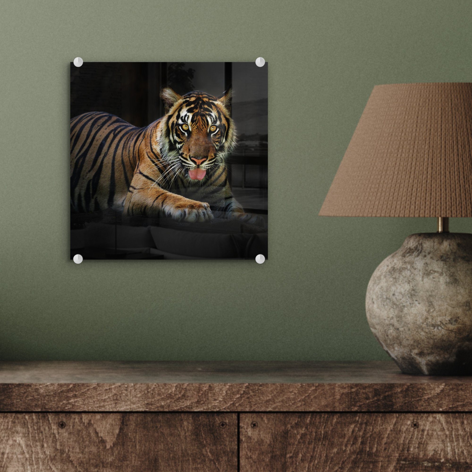 MuchoWow Acrylglasbild Tiger - St), Rest, - Foto auf (1 - Glas Glas Wanddekoration auf Schwarz Bilder Glasbilder Wandbild - 