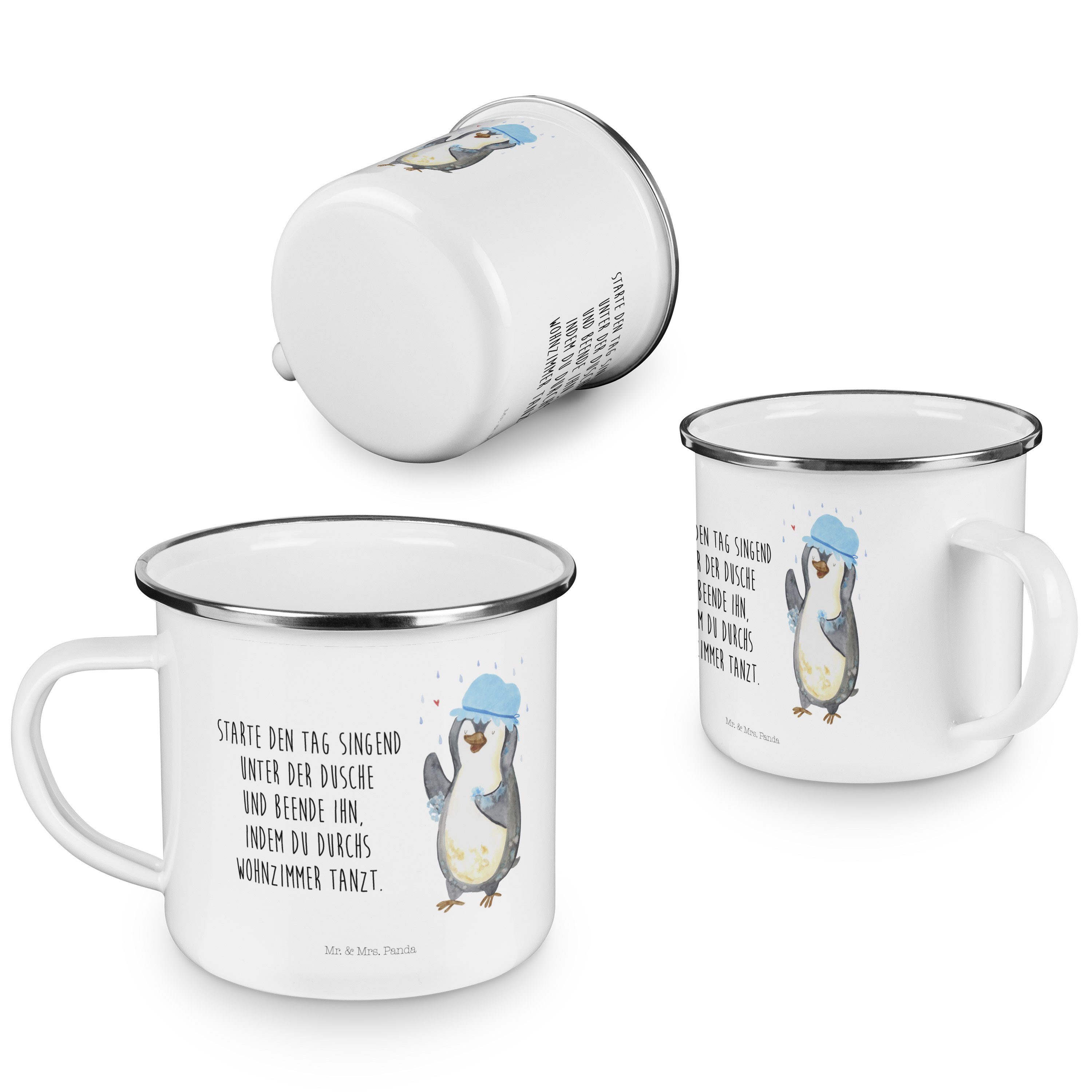 Kaffee Becher & Panda Pinguin Mrs. Ne, - Weiß Duschkonzert, Emaille Geschenk, Blechtasse, - duscht Mr.