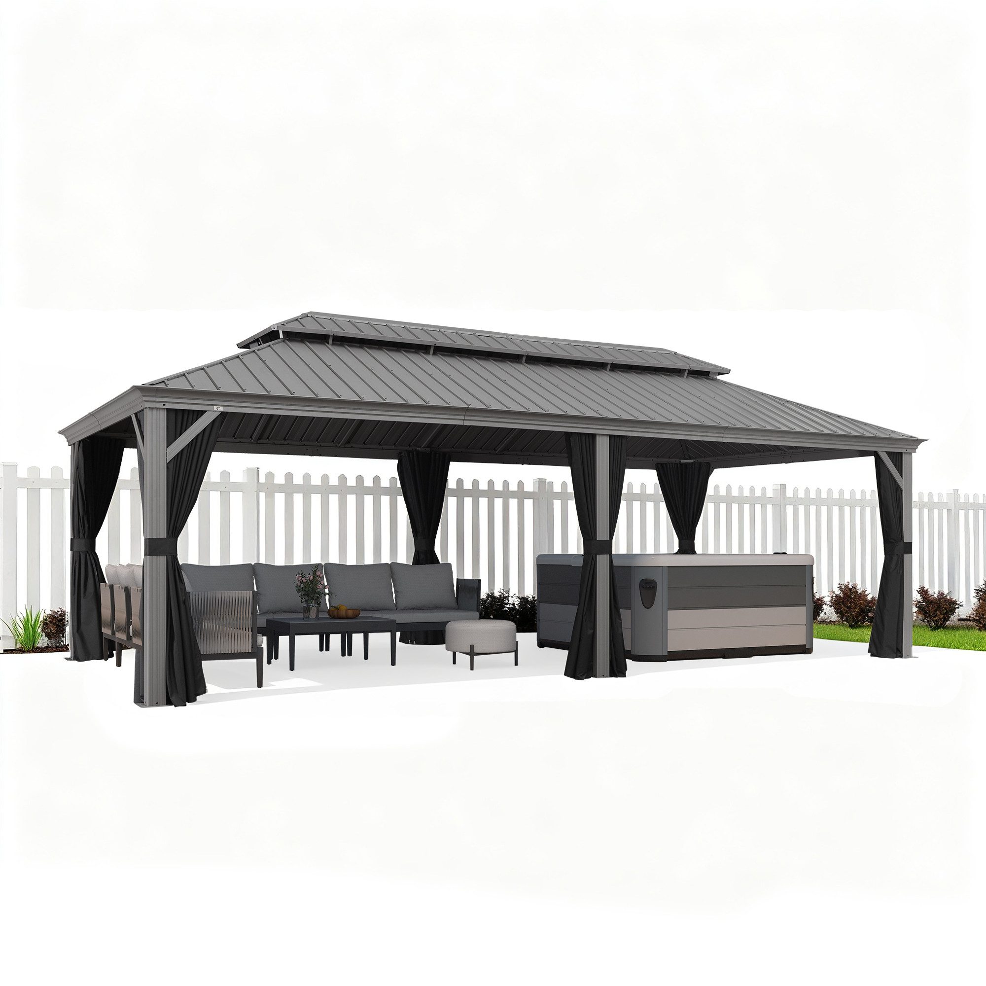 PURPLE LEAF Pavillon Außenbereich Alu Gartenpavillon, Gazebo mit Stahldach Hardtop, 365× 735 CM, Gazebo Inklusive Vorhänge und Fliegengitter, für Terrasse