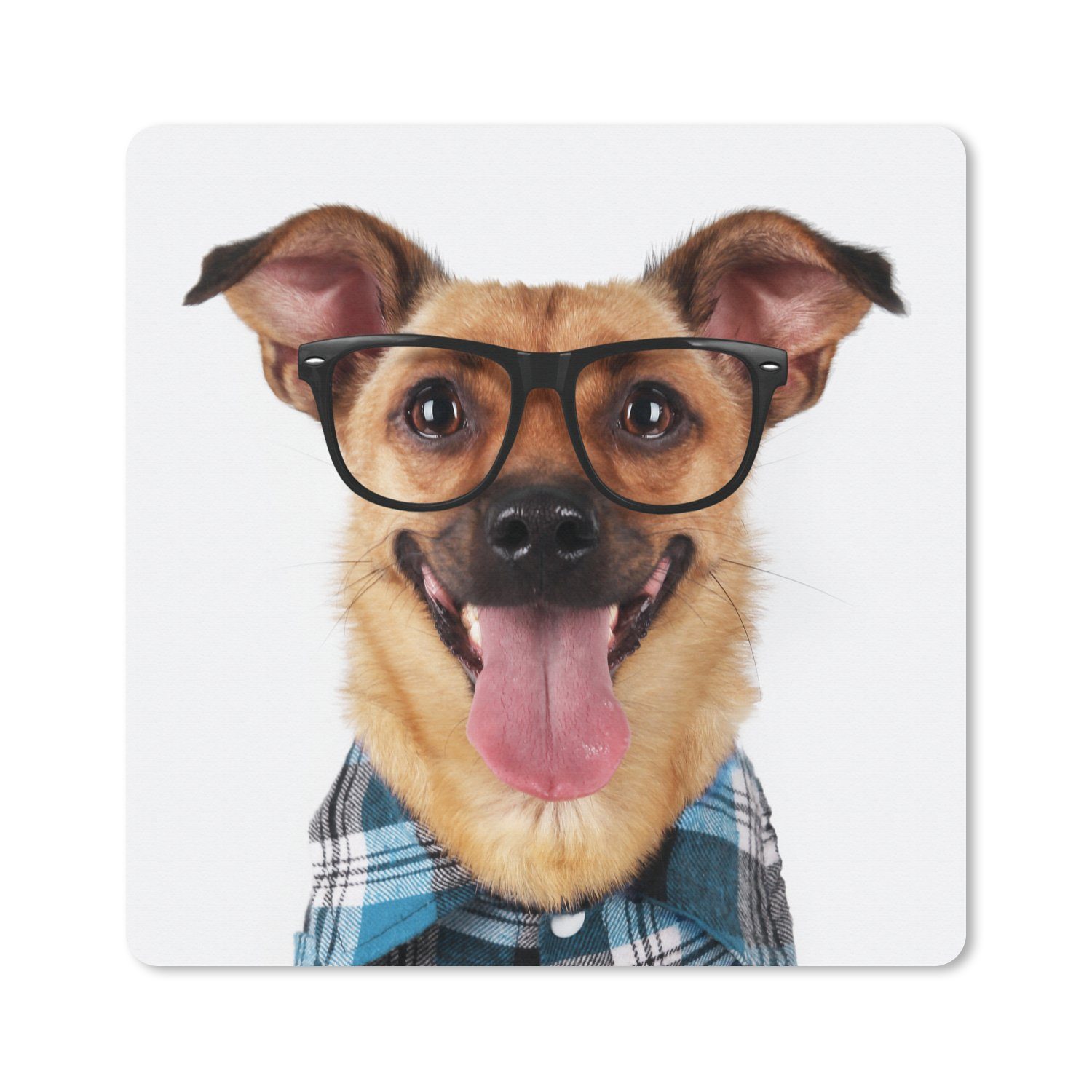 MuchoWow Gaming Mauspad Hund - Bluse - Brille - Hipster (1-St), Gaming, Rutschfester Unterseite, Mausunterlage, 80x80 cm, XXL, Großes