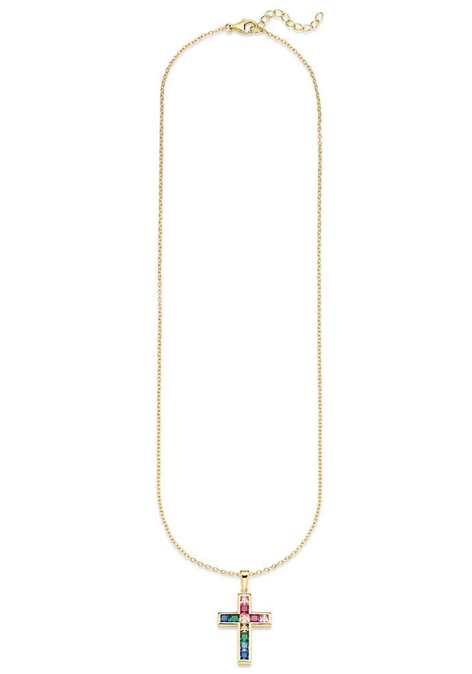 Bruno Banani Kette mit Anhänger Schmuck Geschenk Silber 925 Halsschmuck Halskette Regenbogen Kreuz, mit Zirkonia (synth)
