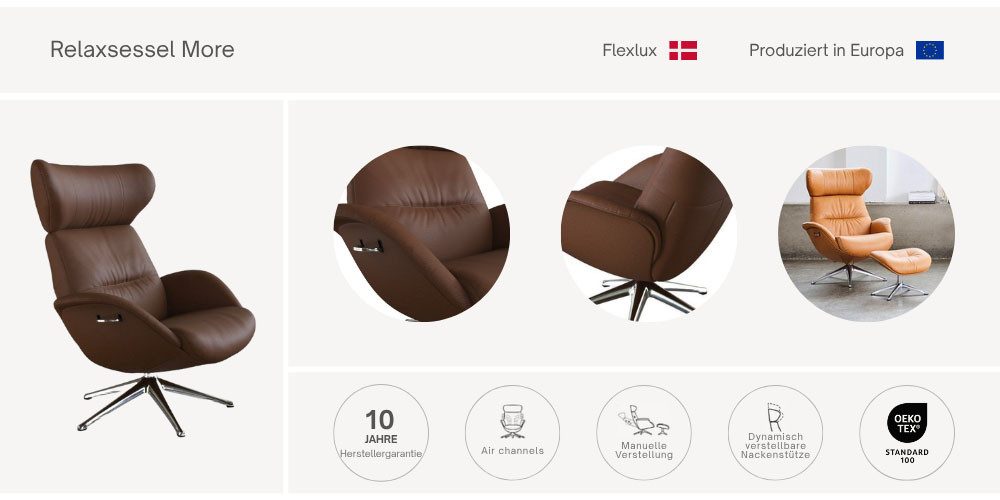 FLEXLUX Relaxsessel Fernsehsessel More, ergonomisch, drehbar, robuster Fuß, Scandi, Premium Komfort, Rücken- & Kopfteilverstellung, drehbar, Fuß schwarz