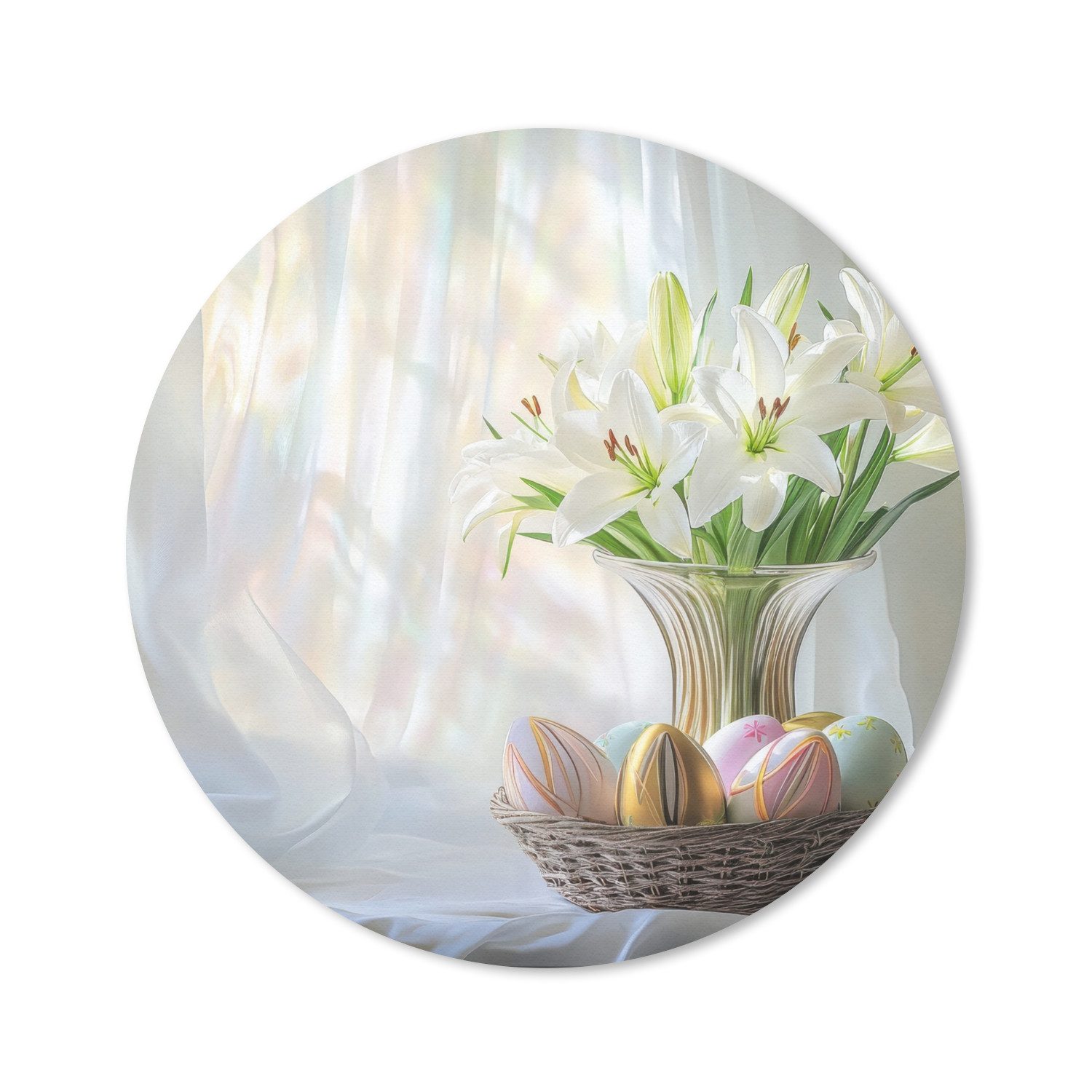 MuchoWow Mauspad Vase - Eier - Blumen (1-St), Gaming, Rutschfester Unterseite, Mausunterlage, Rund 50x50 cm