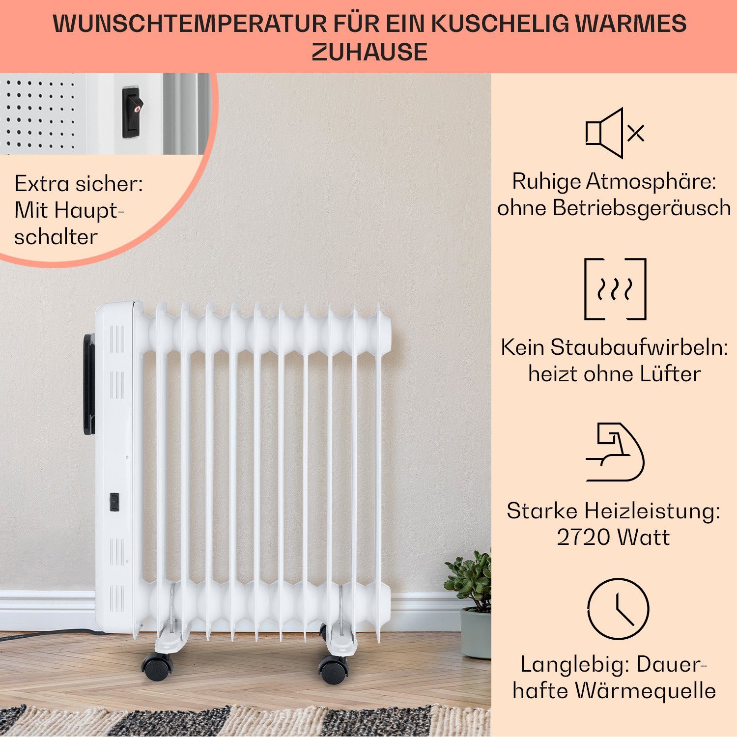 Thermostat Elevate energiesparend Ölradiator Thermaxx 2720 W, 10 Heizstrahler Heizkörper Smart, Klarstein Rippen Rollen