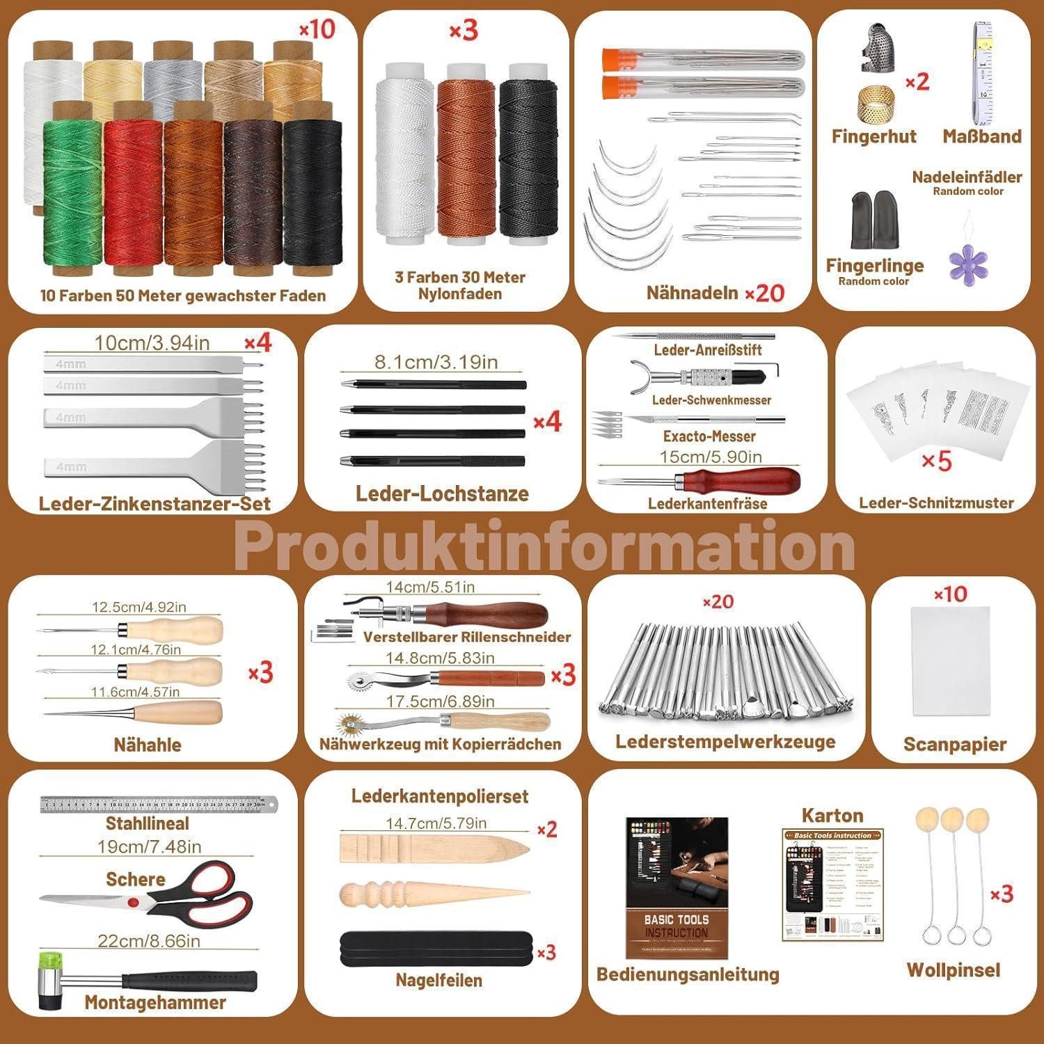 LuxusKollektion Nähnadeln Lederwerkzeug Set 102-teilig Ledernähen Stanzen Prägen