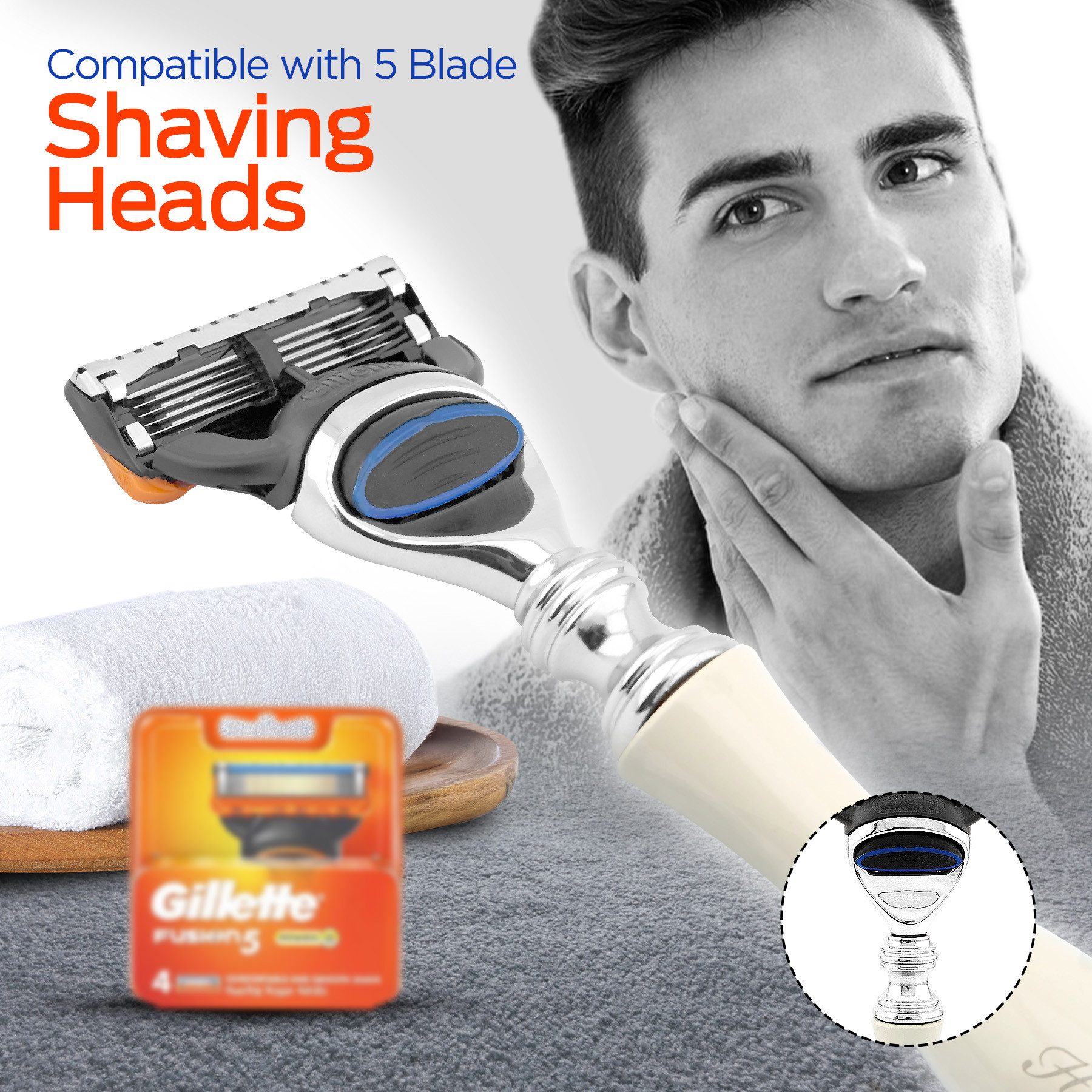 Haryali London Nassrasierer 5-Schneiden-Rasierer für Männer, Körper- & Gesichtsrasierer, Elfenbein, Packung, Rasiermesser mit verstellbarer Klinge aus hochwertigem Messing-Silber, Waschbarer, rutschfester Griff. Passt auf alle Fusion5-Rasierklingen.