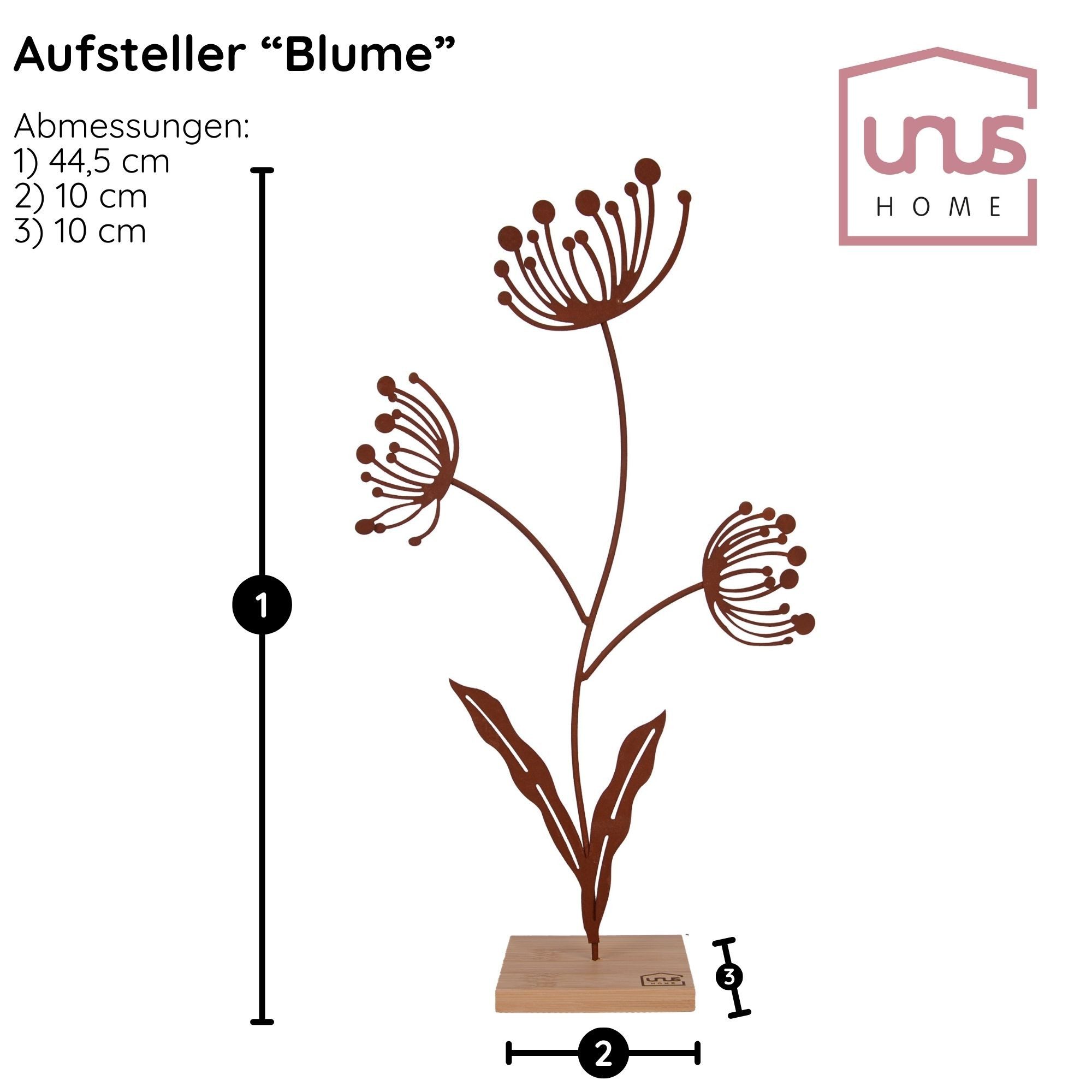 UNUS HOME Dekofigur Aufsteller Deko-Blume (groß, Rost), Blumen-Silhouette aus Metall und Bambus-Holz Wohndekoration – Bild 4 von 4