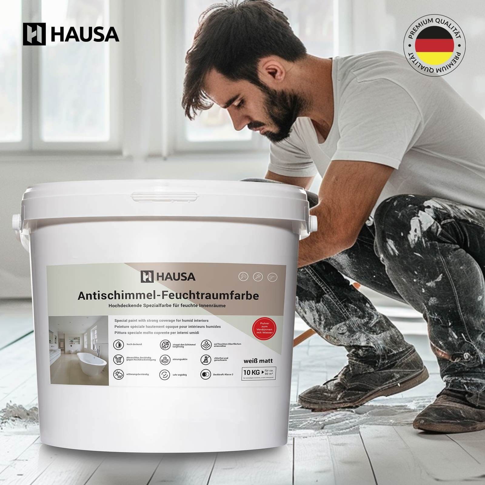 Hausa Feuchtraumfarbe Anti Schimmel Farbe weiß, Feuchtraum Wandfarbe hochdeckende Spezialfarbe für Keller Bad 10 kg