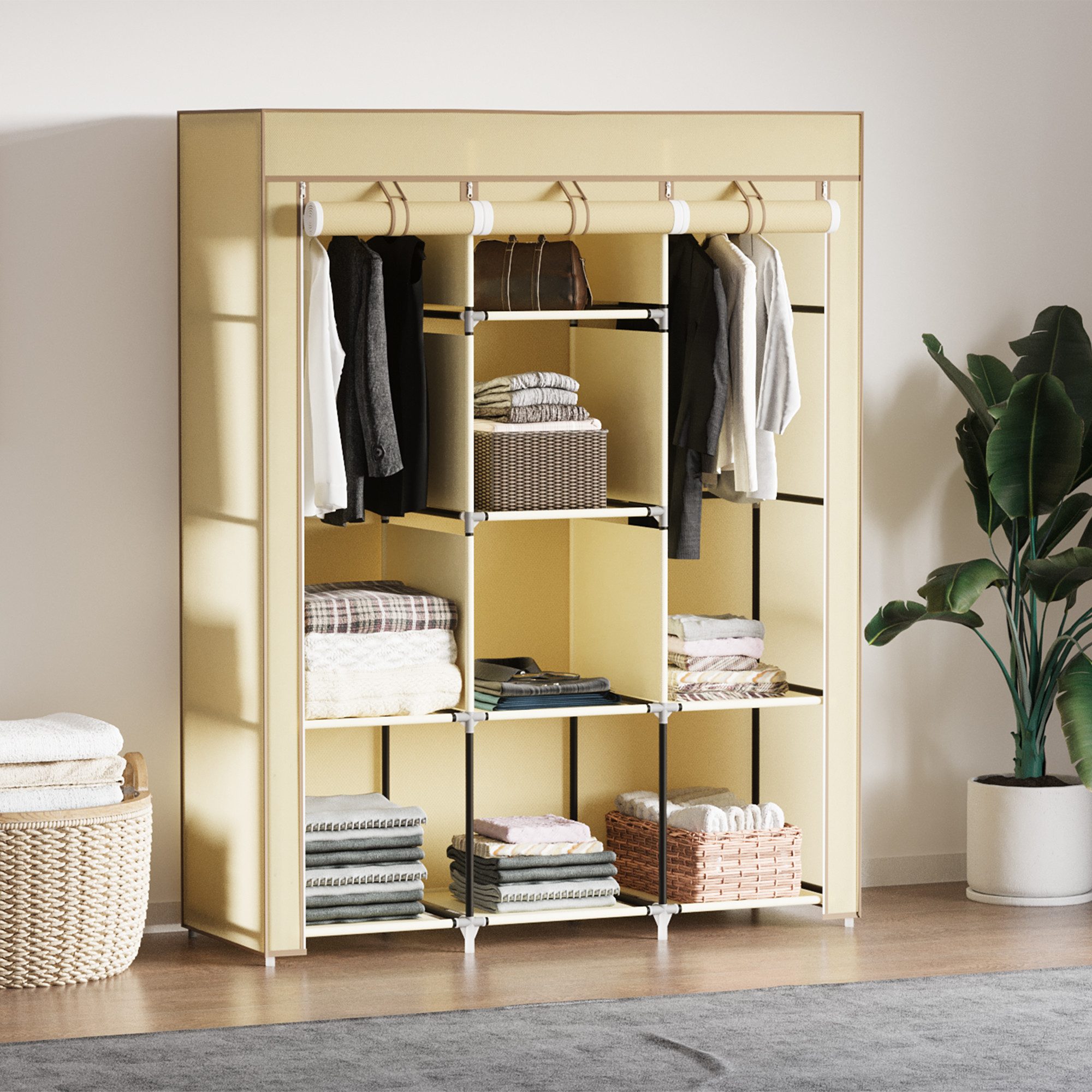 HOMCOM Stoffschrank Faltschrank für Schlafzimmer, Ankleidezimmer, 125x43x162,5cm (Kleiderschrank, 1-St., Tücherschrank) Beige, 125 x 43 x 162,5 cm
