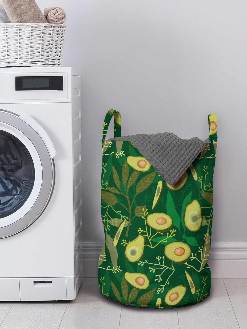 Abakuhaus Wäschesäckchen Wäschekorb mit Griffen Retro Avocado Style-Blätter Kordelzugverschluss für Früchte Waschsalons