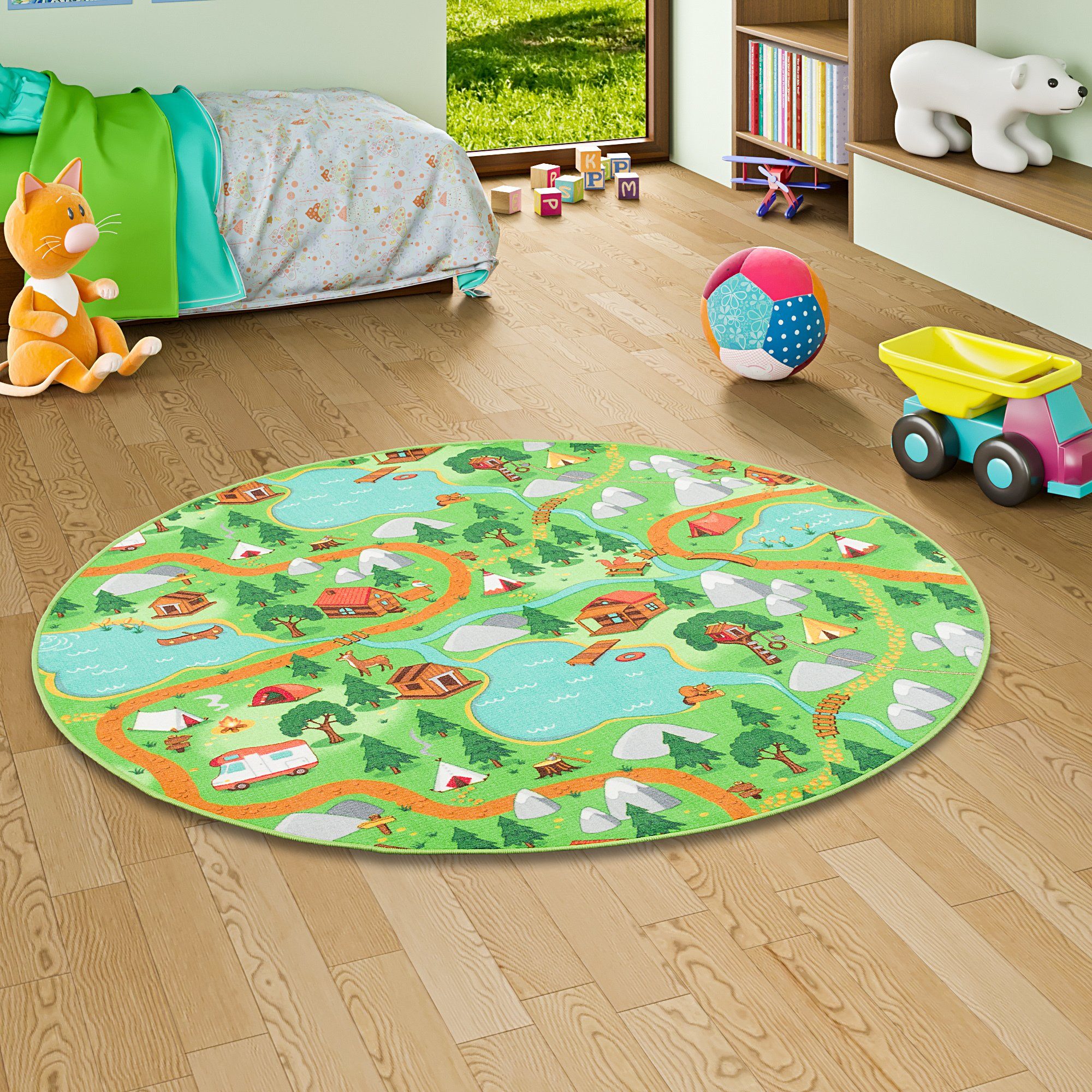 Snapstyle Kinderteppich Kinder Spiel Teppich Campingplatz Rund, Rund, Höhe: 5 mm